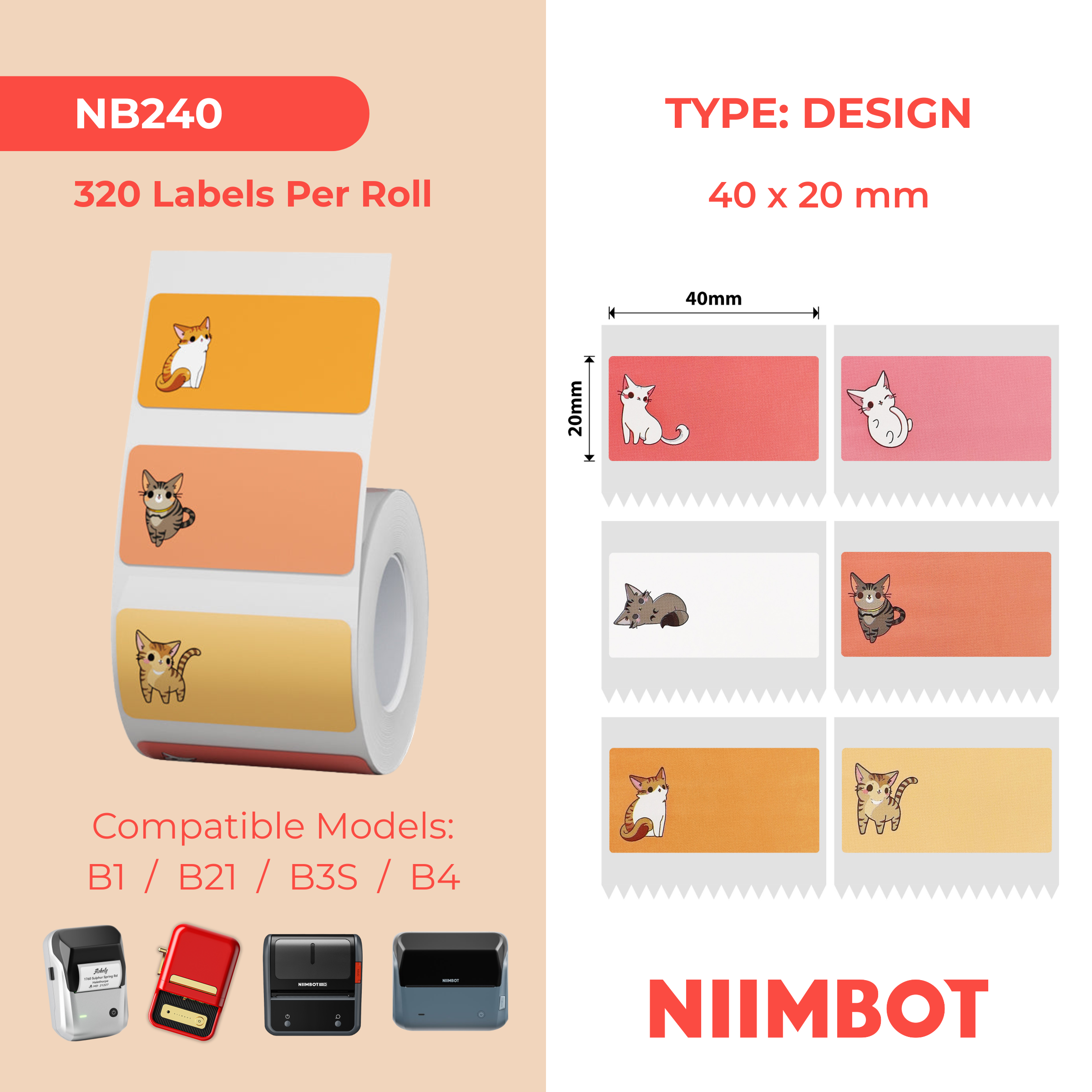 NB240 - NIIMBOT - B1 / B21 / B3S / B4 - 40X20MM - 320 CAT RED/ORANGE LABELS