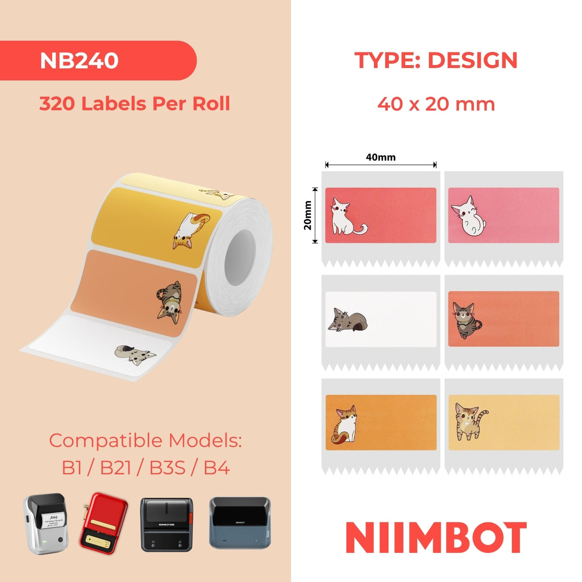 NB240 - NIIMBOT - B1 / B21 / B3S / B4 - 40X20MM - 320 ETICHETTE TERMICHE ROSSO/ARANCIONE - DESIGN GATTO