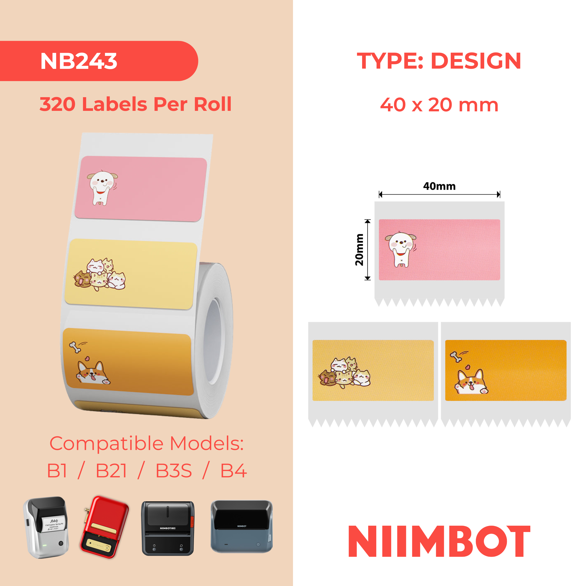 NB243 - NIIMBOT - B1 / B21 / B3S / B4 - 40X20MM - 320 PINK & ORANGE, CAT & DOG LABELS