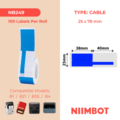 NB249 - NIIMBOT - B1 / B21 / B3S / B4 - R02F - 25 x 78 mm (25 x 38 + 40 x 7) - 100 étiquettes thermiques bleues - Câble 