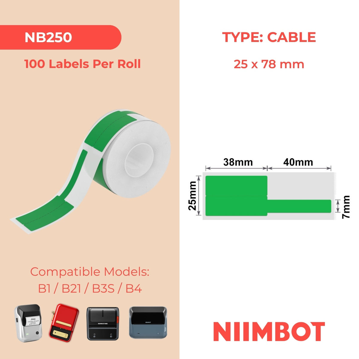 NIIMBOT - B Range - 25x78mm - Green Cable - 100 Labels