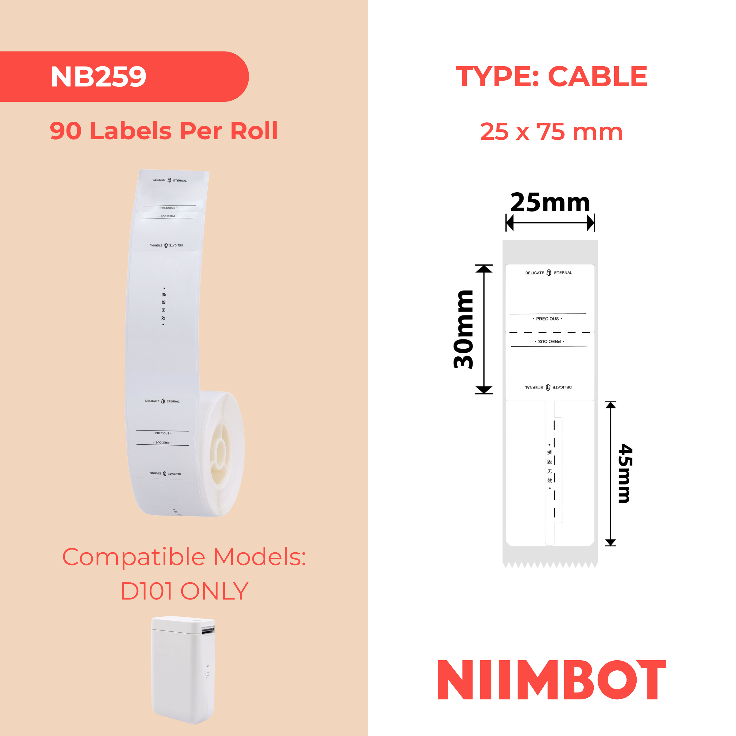 NB259 - NIIMBOT - SOLO D101 - R02T-25X75MM - 90 ETICHETTE PER ROTOLO - ETICHETTA PER GIOIELLI DESIGN ETERNO