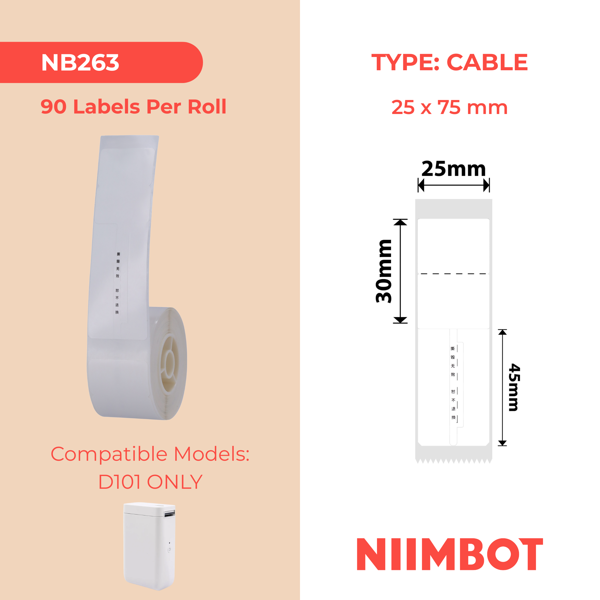 NB263 - NIIMBOT - D101 UNIQUEMENT - R02T - 25 mm x 75 mm - 90 étiquettes par rouleau - Motif pour bijoux