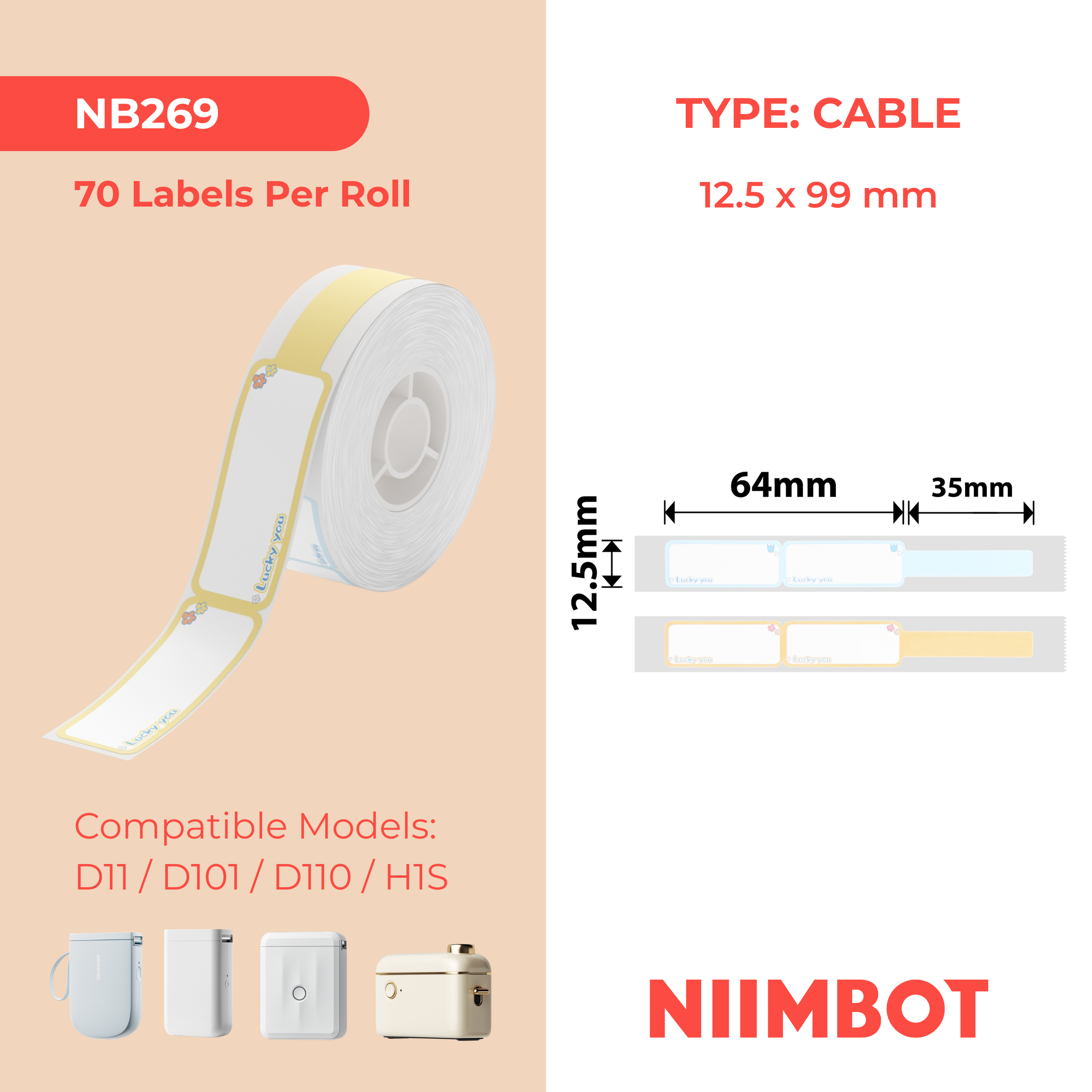 NB269 - NIIMBOT - D11 / D101 / D110 / H1S - R12,5X99MM - 70 ETICHETTE PER ROTOLO - LUCKY YOU DESIGN