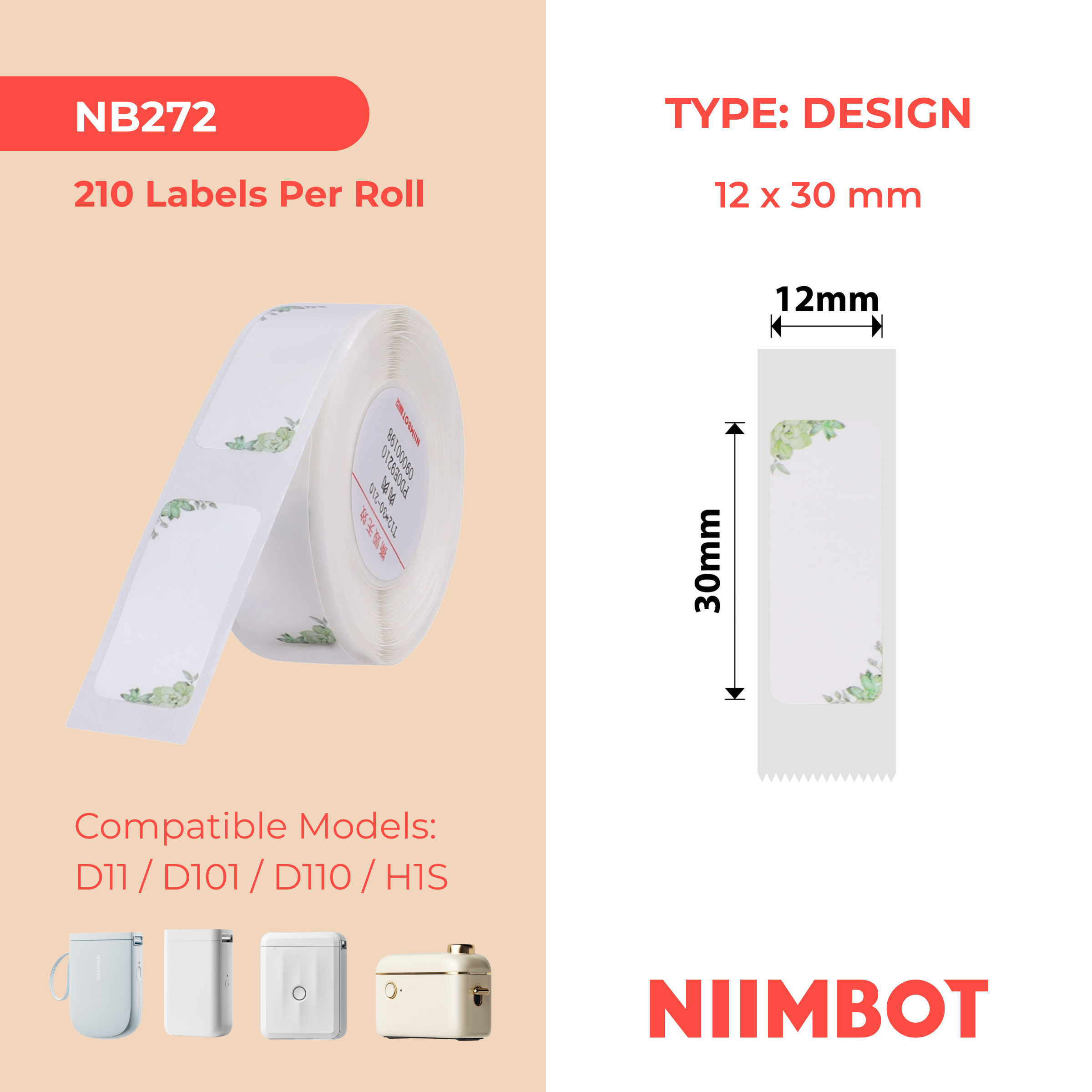 NB272 - NIIMBOT - D11 / D101 / D110 / H1S - R12X30MM - 210 ETICHETTE PER ROTOLO - DESIGN FOGLIE VERDI