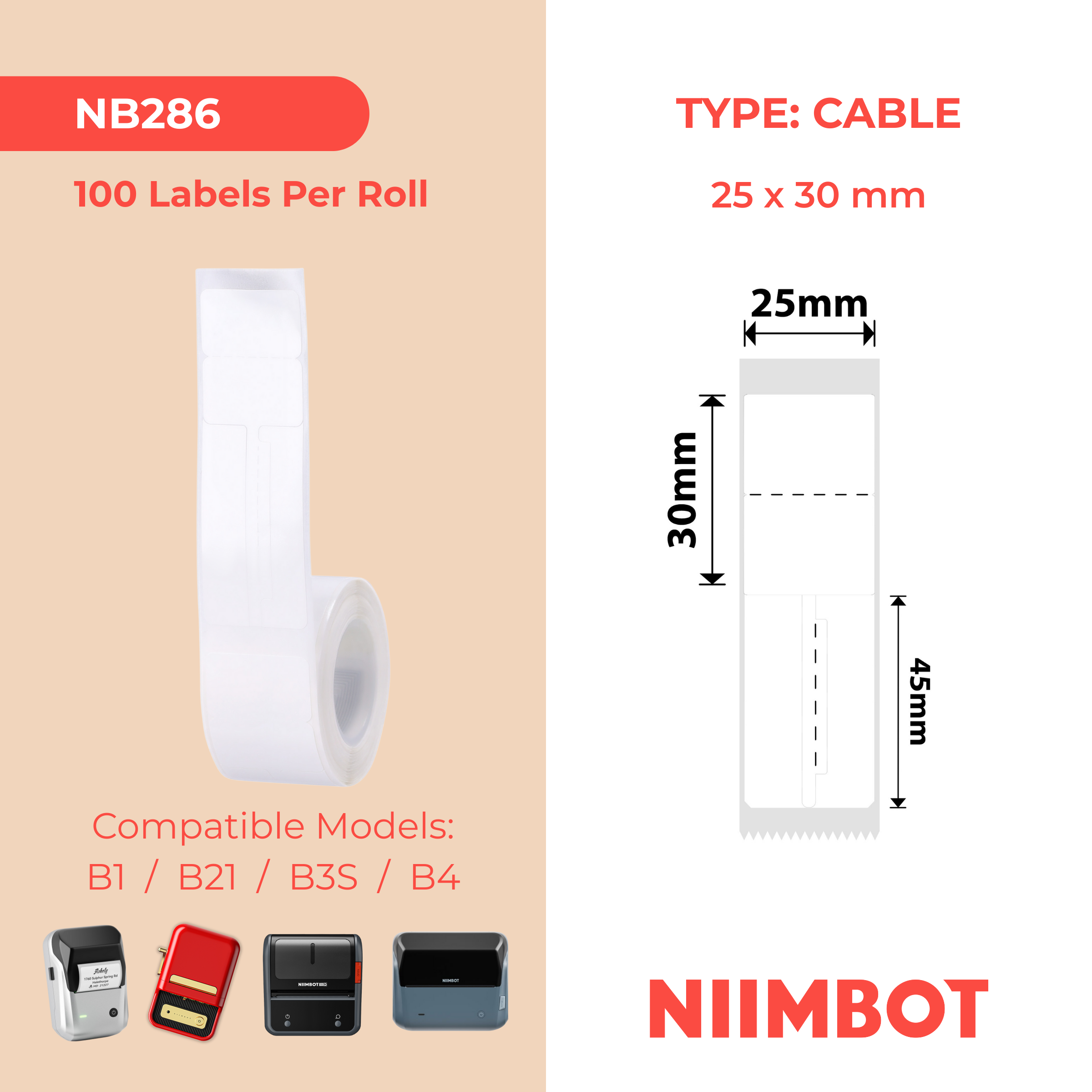 NB286 - NIIMBOT - B1 / B21 / B3S / B4 - T25X30+45MM - 100 ETICHETTE PER ROTOLO - GIOIELLERIA - BIANCO