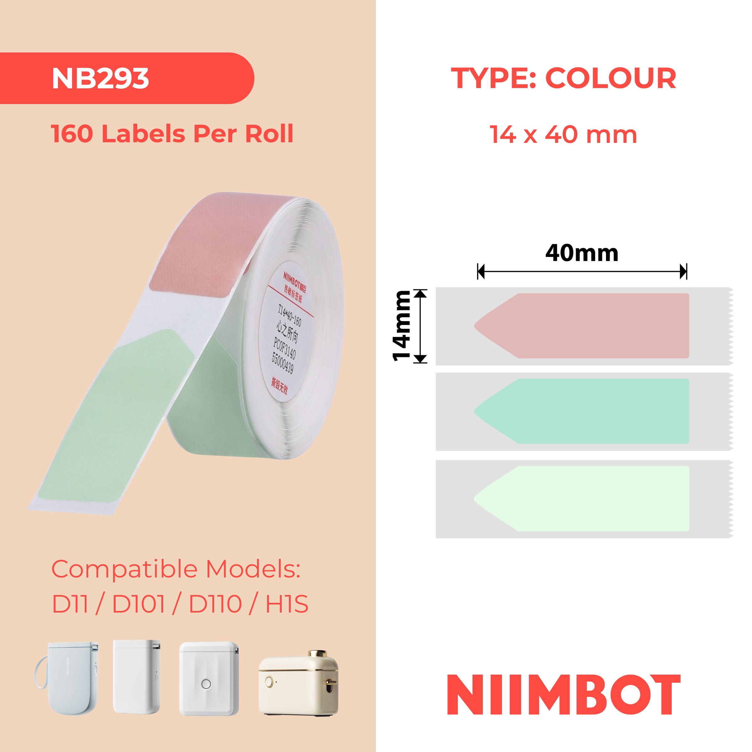 NB293 - NIIMBOT - D11 / D101 / D110 / H1S - 14X40MM - 160 STATIONARY ARROW SHAPE COLOUR LABELS