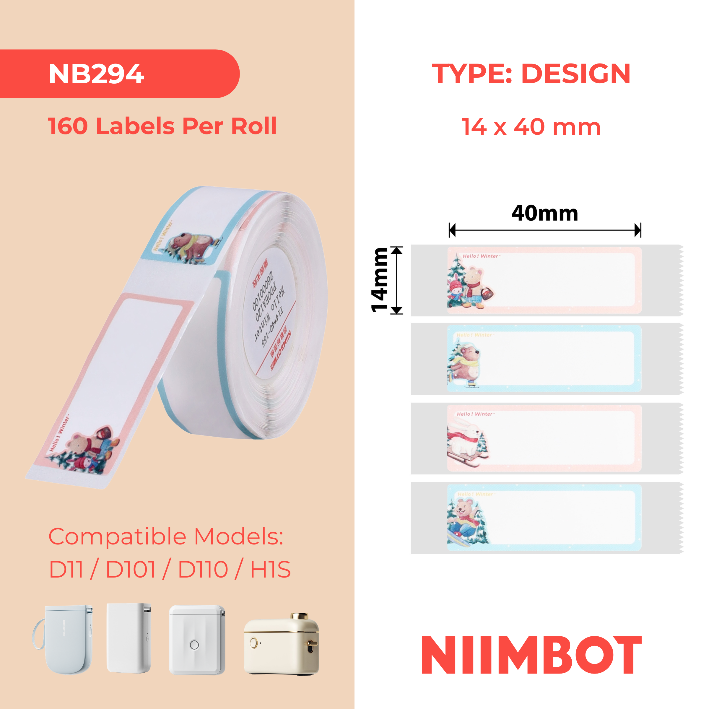NB294 - NIIMBOT - D11 / D101 / D110 / H1S - R14X40MM - 160 ETICHETTE PER ROTOLO - HELLO WINTER
