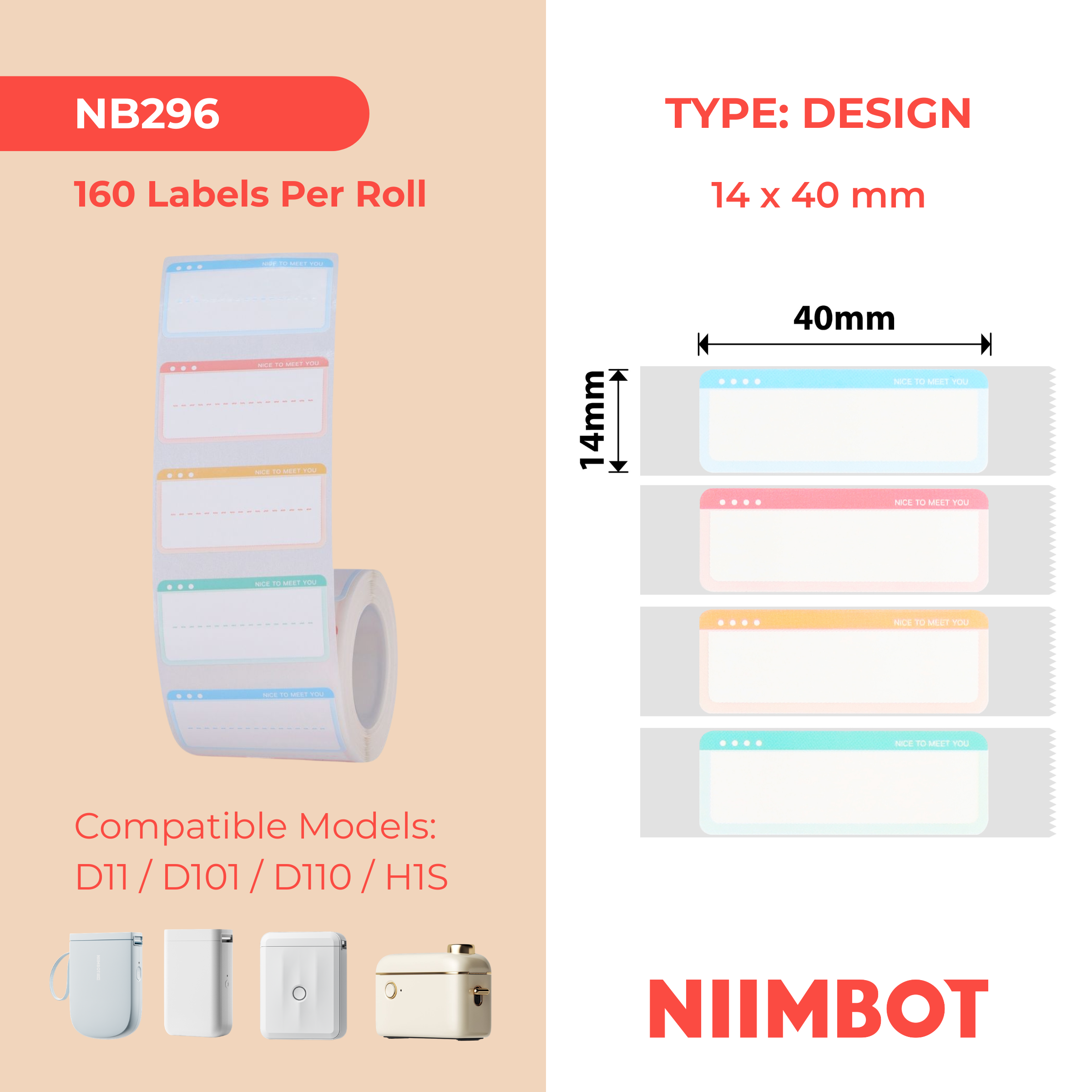NB296 - NIIMBOT - D11 / D101 / D110 / H1S - 14X40MM - 160 NICE TO MEET YOU LABELS