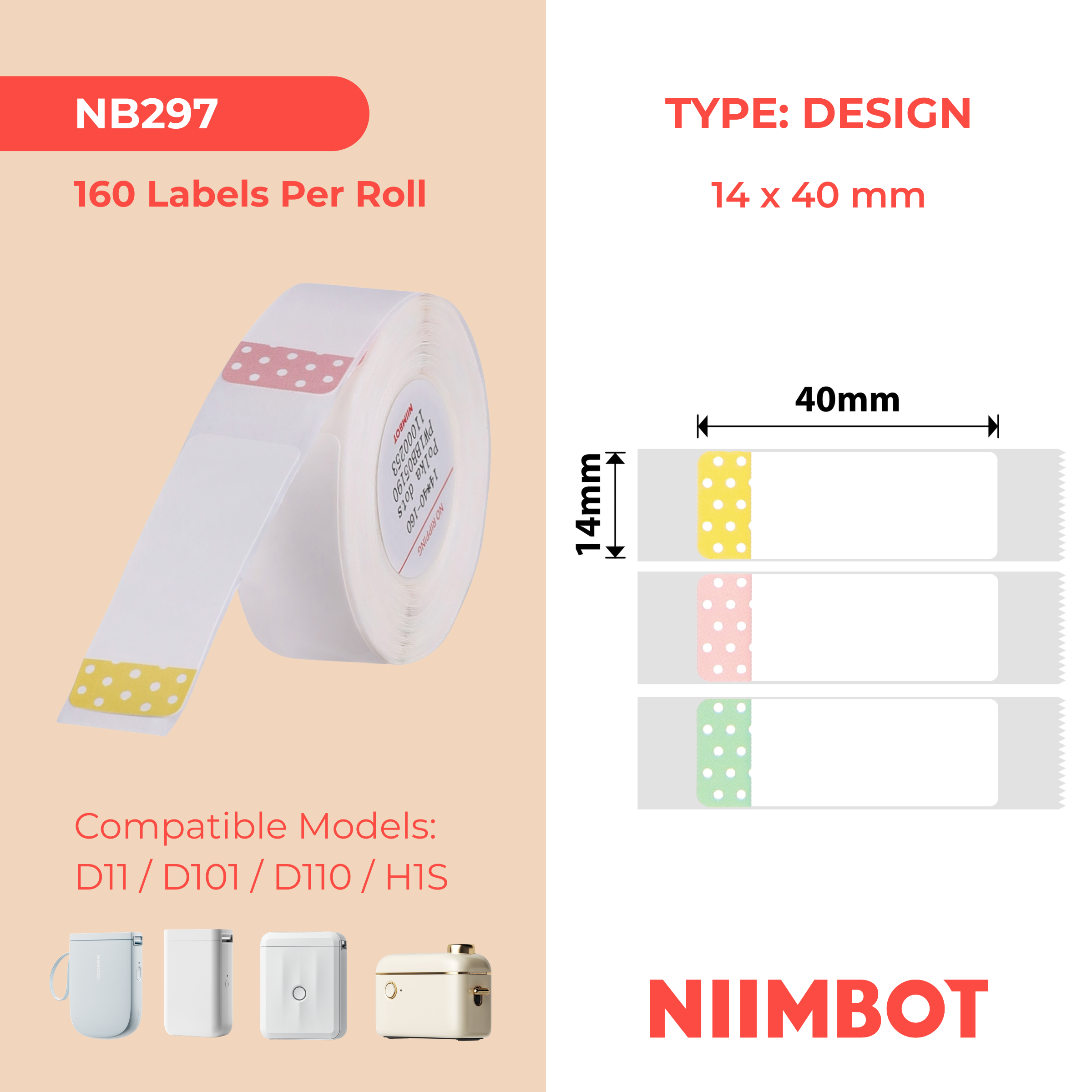 NB297 - NIIMBOT - D11 / D101 / D110 / H1S - 14X40MM - 160 POLKA DOTS LABELS