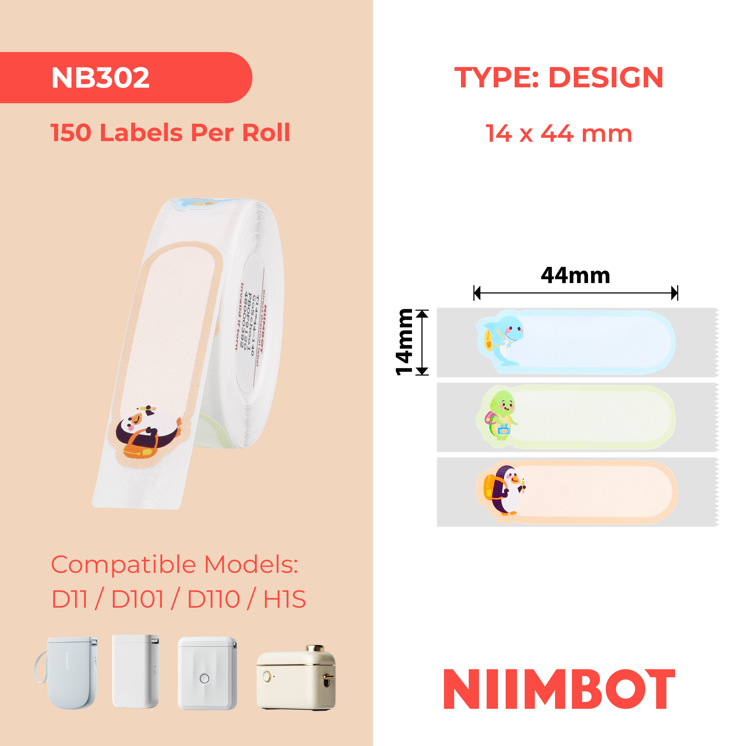 NB302 - NIIMBOT - D11 / D101 / D110 / H1S - 14X44MM - 150 GO SCHOOL LABELS