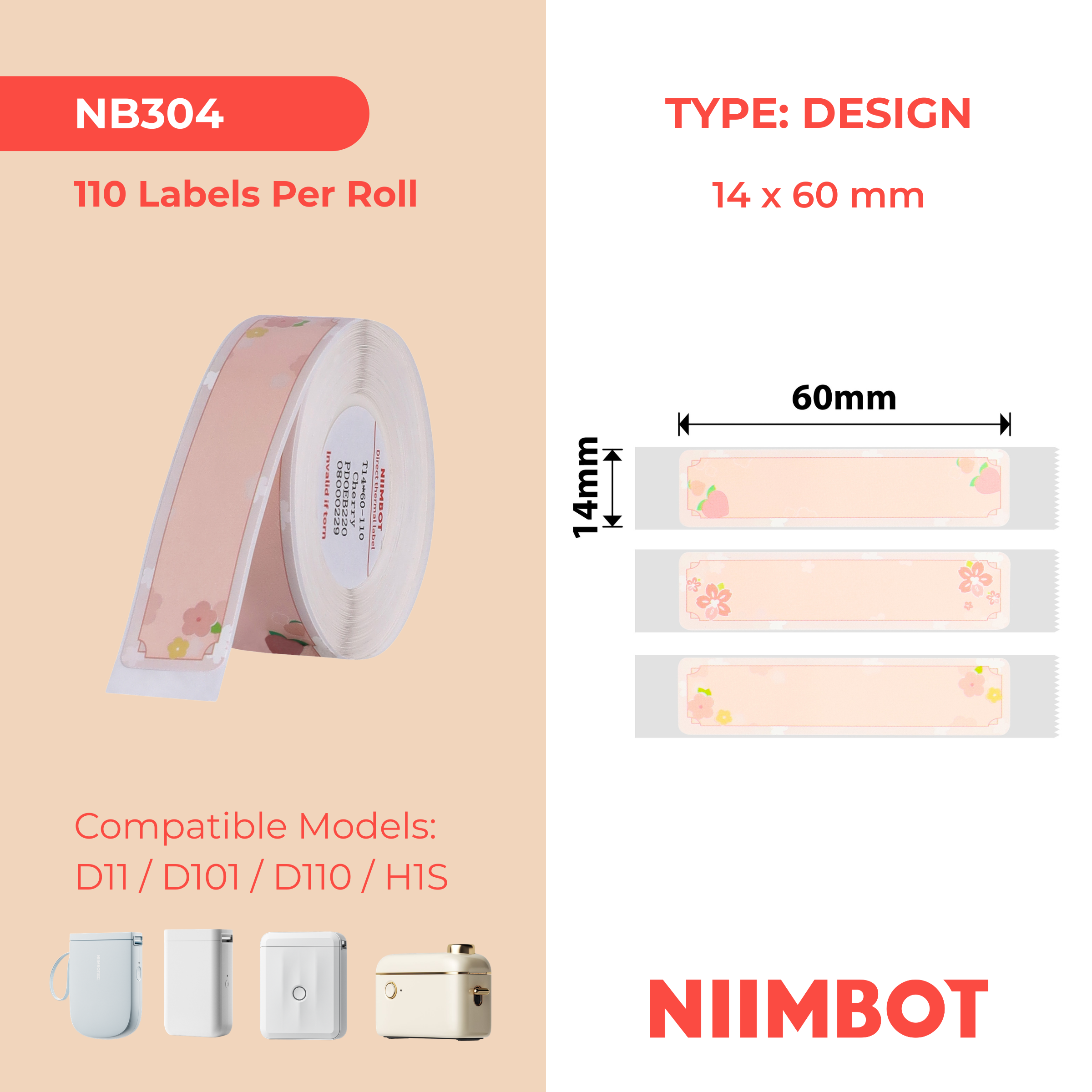 NB304 - NIIMBOT - D11 / D101 / D110 / H1S - 14X60MM - 110 CHERRY PINK LABELS