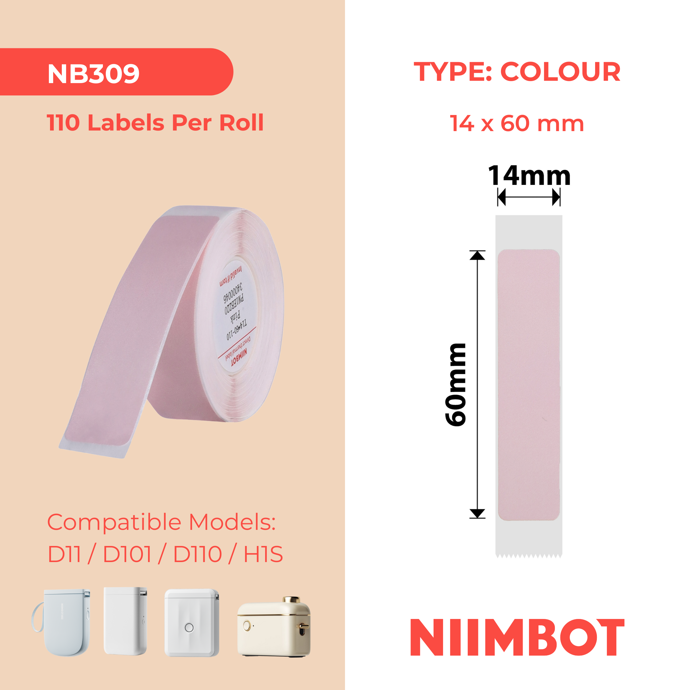 NB309 - NIIMBOT - D11 / D101 / D110 / H1S - R14X60MM - 110 ÉTIQUETTES PAR ROULEAU - ROSE