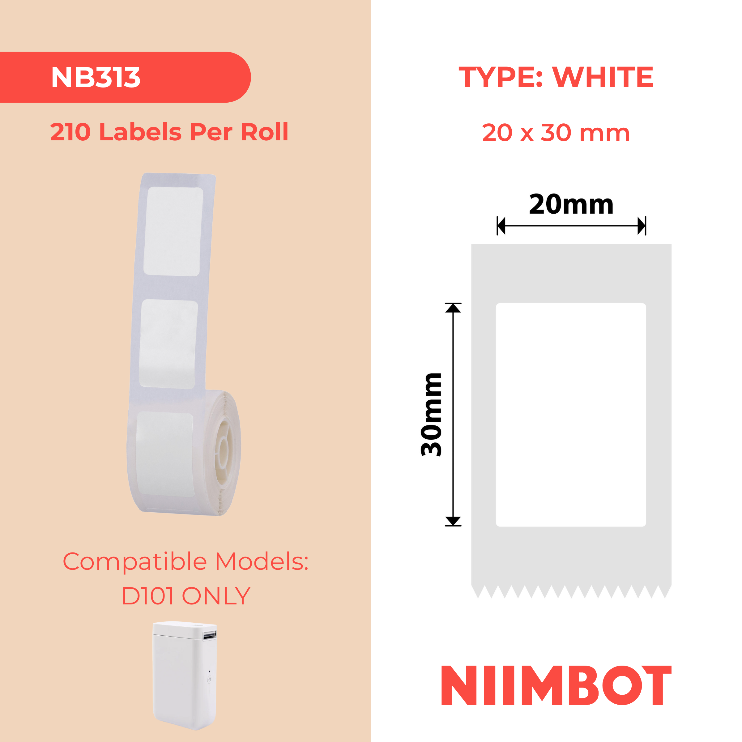 NB313 - NIIMBOT - SOLO D101 - R20X30MM - 210 ETICHETTE PER ROTOLO - BIANCO
