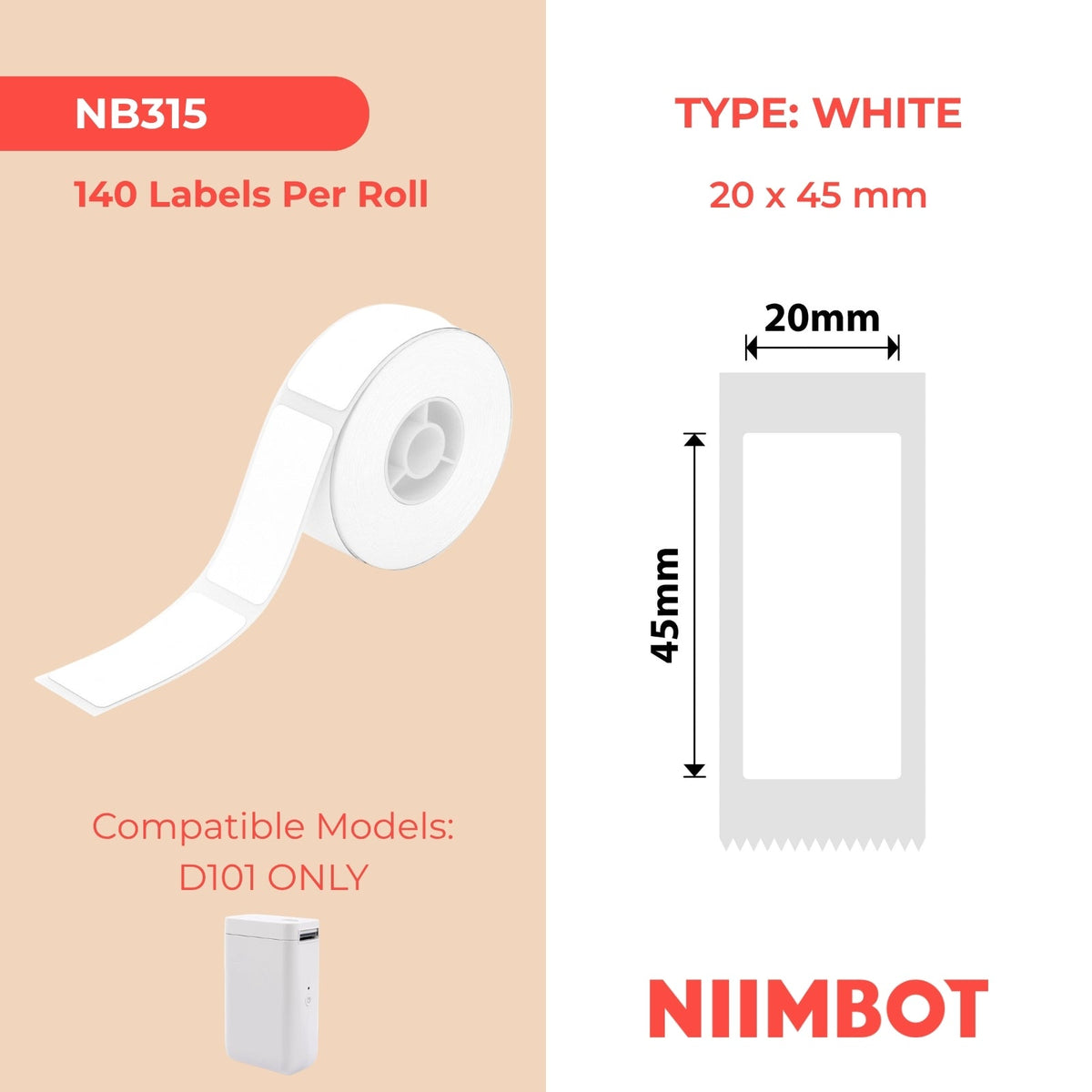 NIIMBOT - D101 Only - 20x45mm - White - 140 Labels