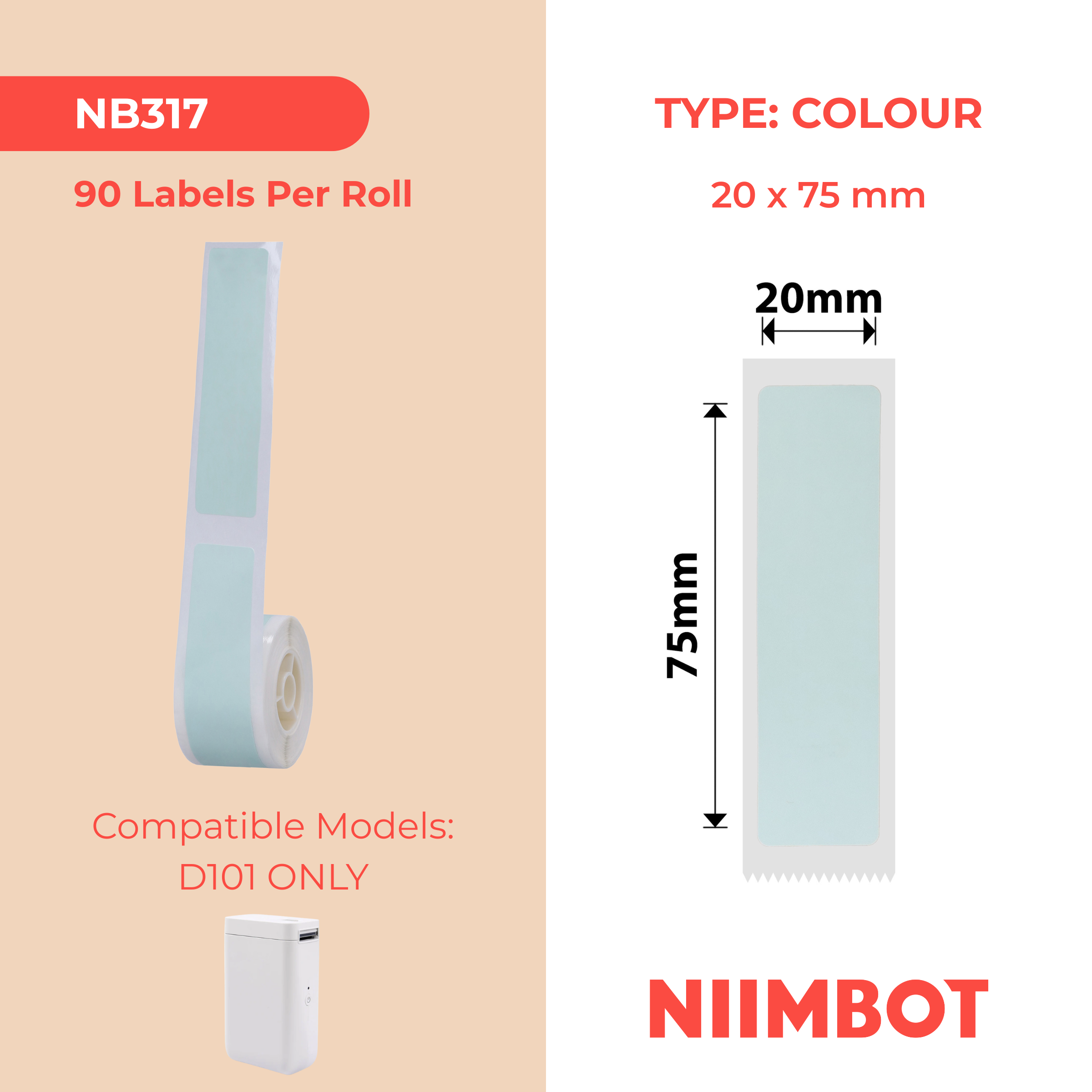 NB317 - NIIMBOT - SOLO D101 - R20X75MM - 90 ETICHETTE PER ROTOLO - SOLIDO - VERDE