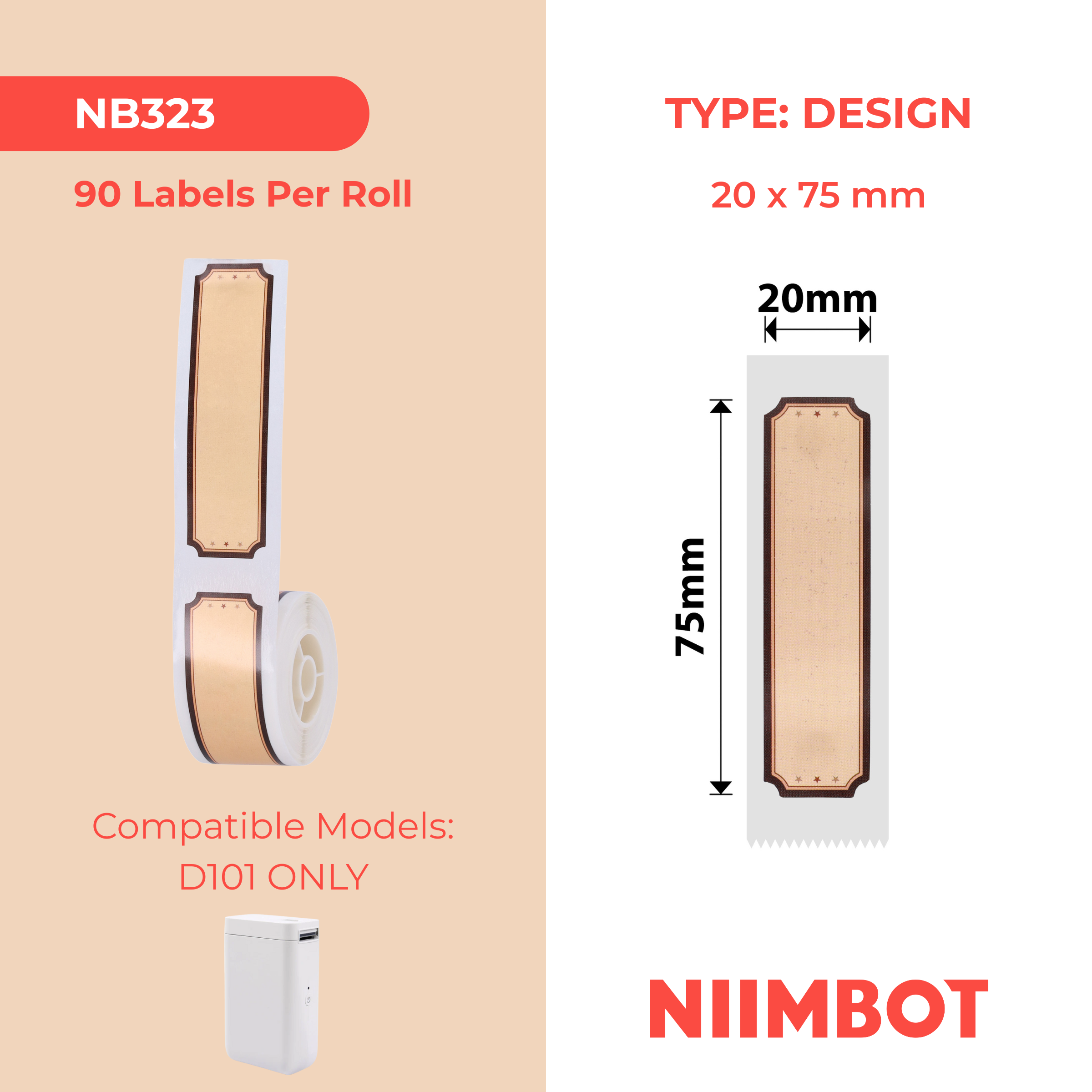 NB323 - NIIMBOT - D101 UNIQUEMENT - R20X75MM - 90 ÉTIQUETTES PAR ROULEAU - MOTIF BOIS MARRON