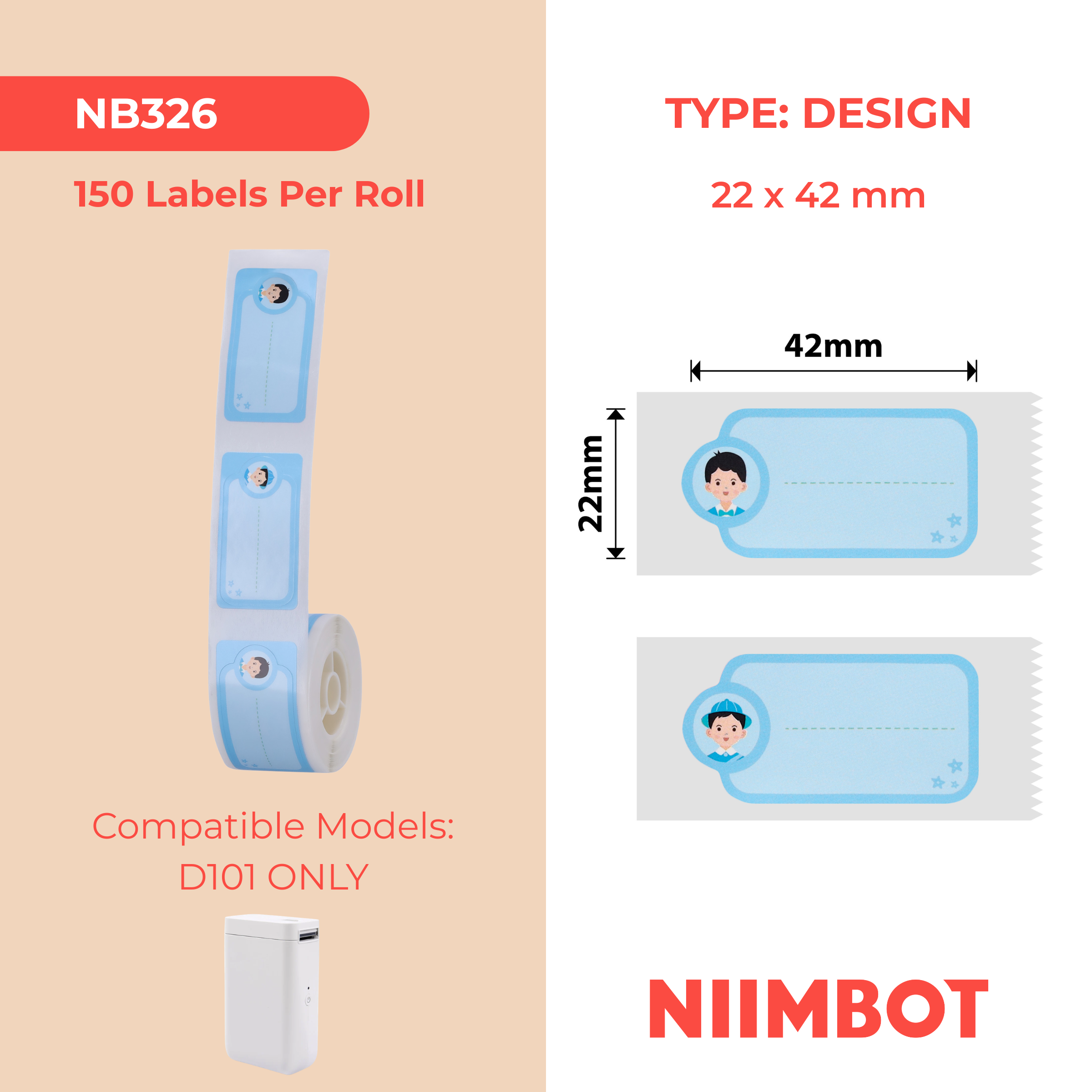 NB326 - NIIMBOT - D101 UNIQUEMENT - R22X42MM - 150 ÉTIQUETTES PAR ROULEAU - COOL BOY - DESIGN