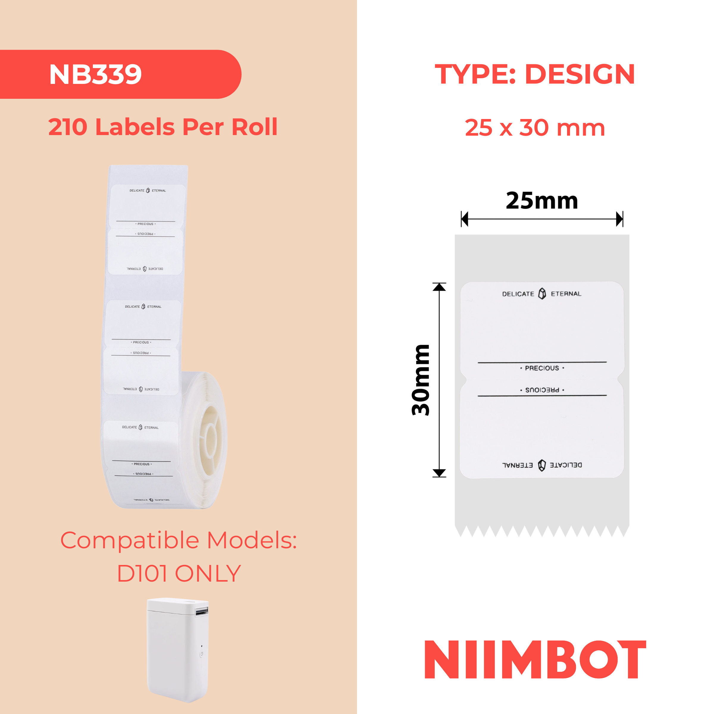 NB339 - NIIMBOT - D101 ONLY - 25X30MM - 210 FOREVER LABELS