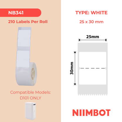 NB341 - NIIMBOT - D101 ONLY - 25X30MM - 210 WHITE NO HOLE LABELS