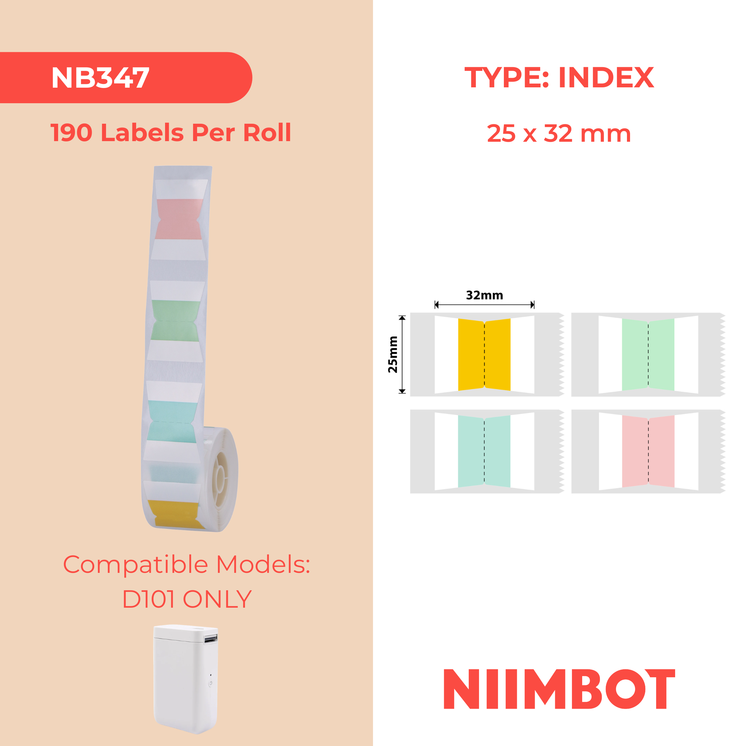 NB347 - NIIMBOT - SOLO D101 - R25X32MM - 190 ETICHETTE PER ROTOLO - INDICE FORMA T COLORI MISTI