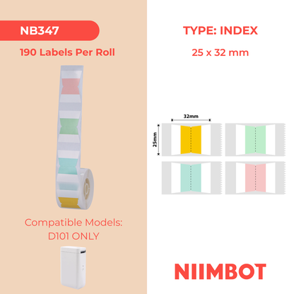 NB347 - NIIMBOT - SOLO D101 - R25X32MM - 190 ETICHETTE PER ROTOLO - INDICE FORMA T COLORI MISTI