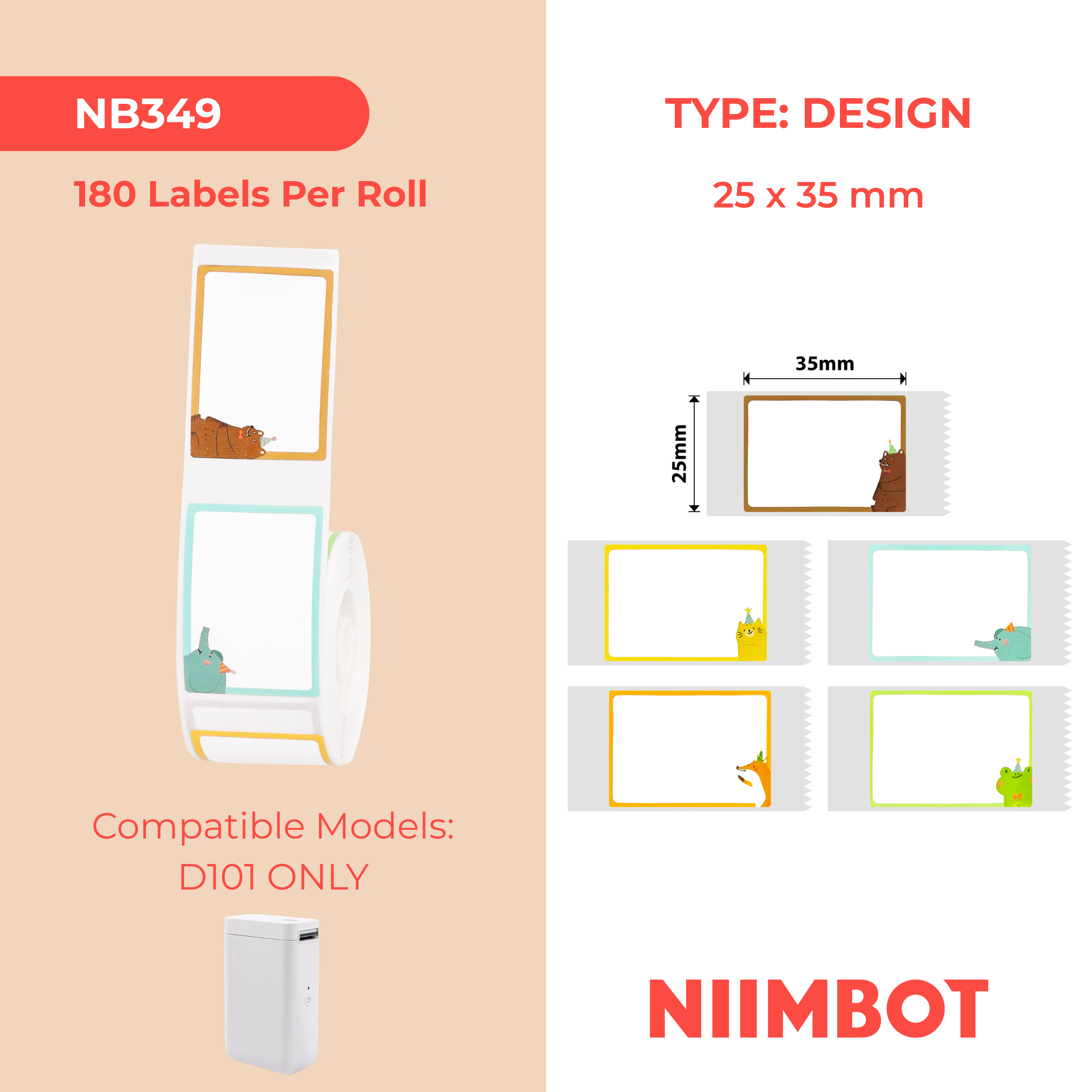 NB349 - NIIMBOT - D101 ONLY - 25X35MM - 180 HAPPY FOREST LABELS