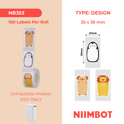 NB353 - NIIMBOT - D101 UNIQUEMENT - R25X39MM - 160 ÉTIQUETTES PAR ROULEAU - MOTIF ANIMAUX