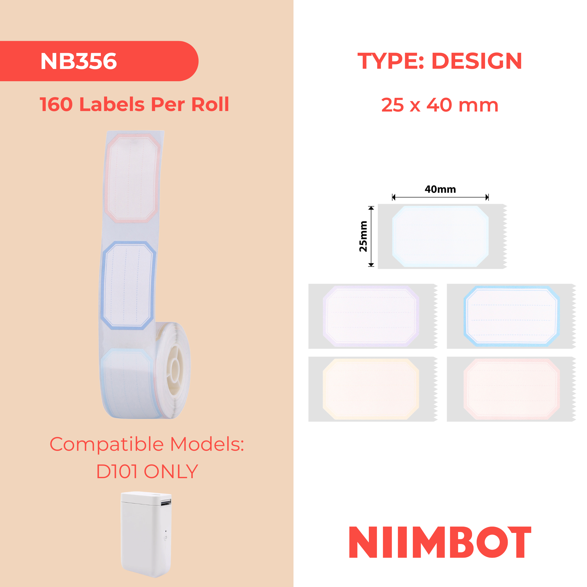 NB356 - NIIMBOT - D101 ONLY - 25X40MM - 160 COLOUR BORDER LABELS