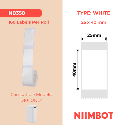 NB358 - NIIMBOT - D101 UNIQUEMENT - R25X40MM - 160 ÉTIQUETTES PAR ROULEAU - BLANCHES