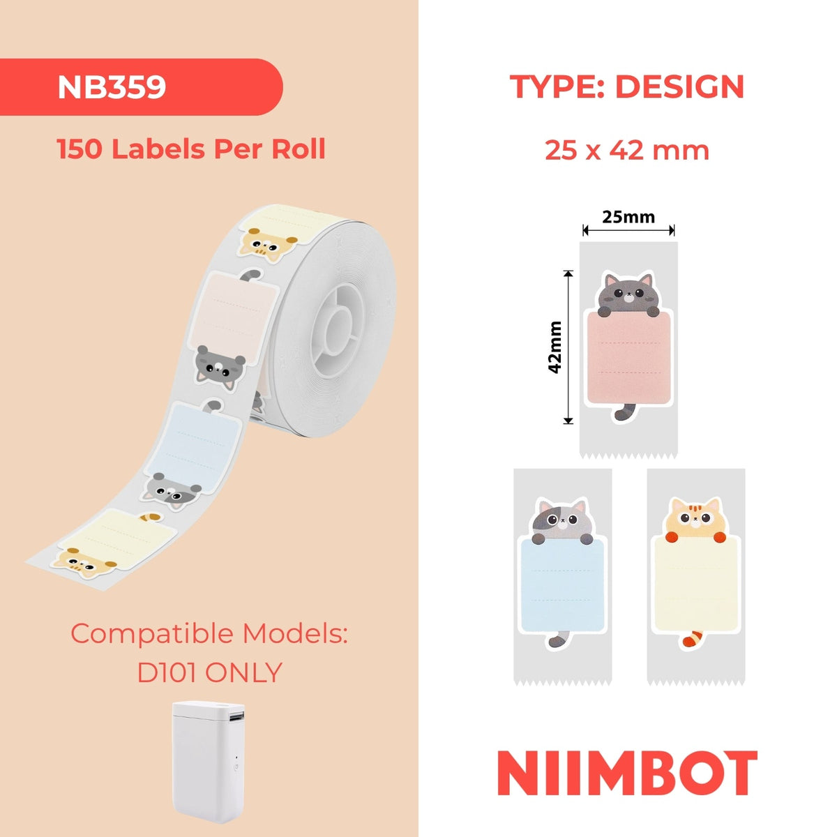 NIIMBOT - D101 Only - 25x42mm - Baby Cat - 150 Labels