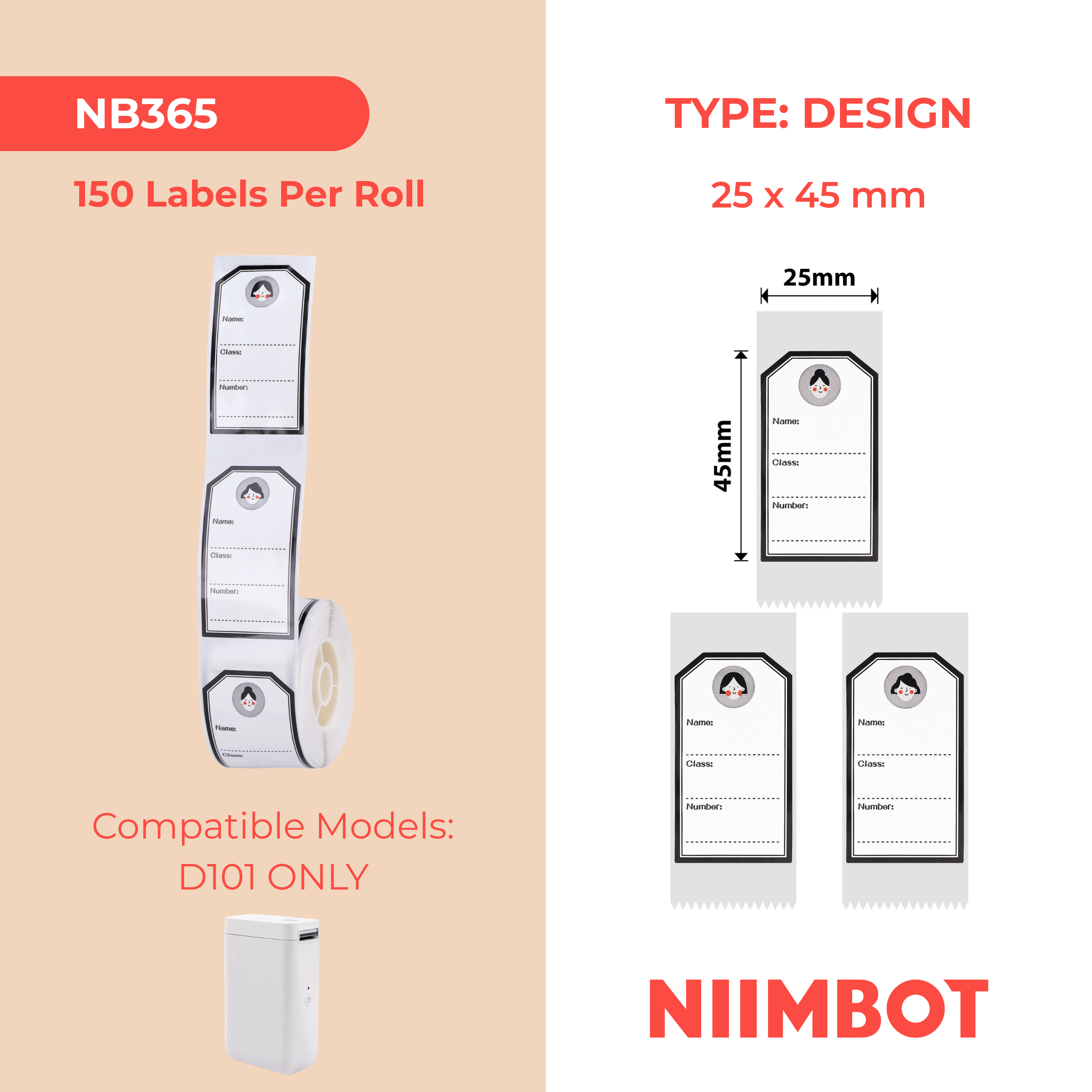 NB365 - NIIMBOT - SOLO D101 - R25X45MM - 150 ETICHETTE PER ROTOLO - DESIGN RAGAZZA