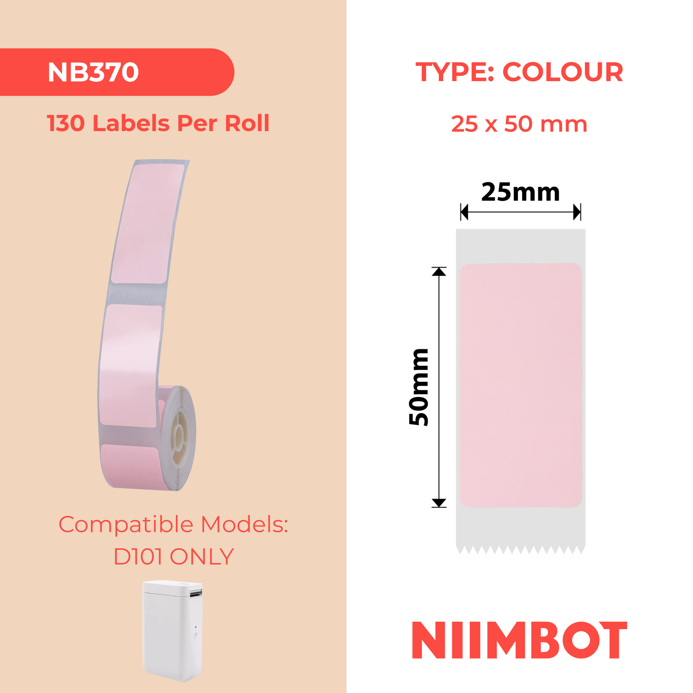 NB370 - NIIMBOT - D101 ONLY - 25X50MM - 130 PINK LABELS