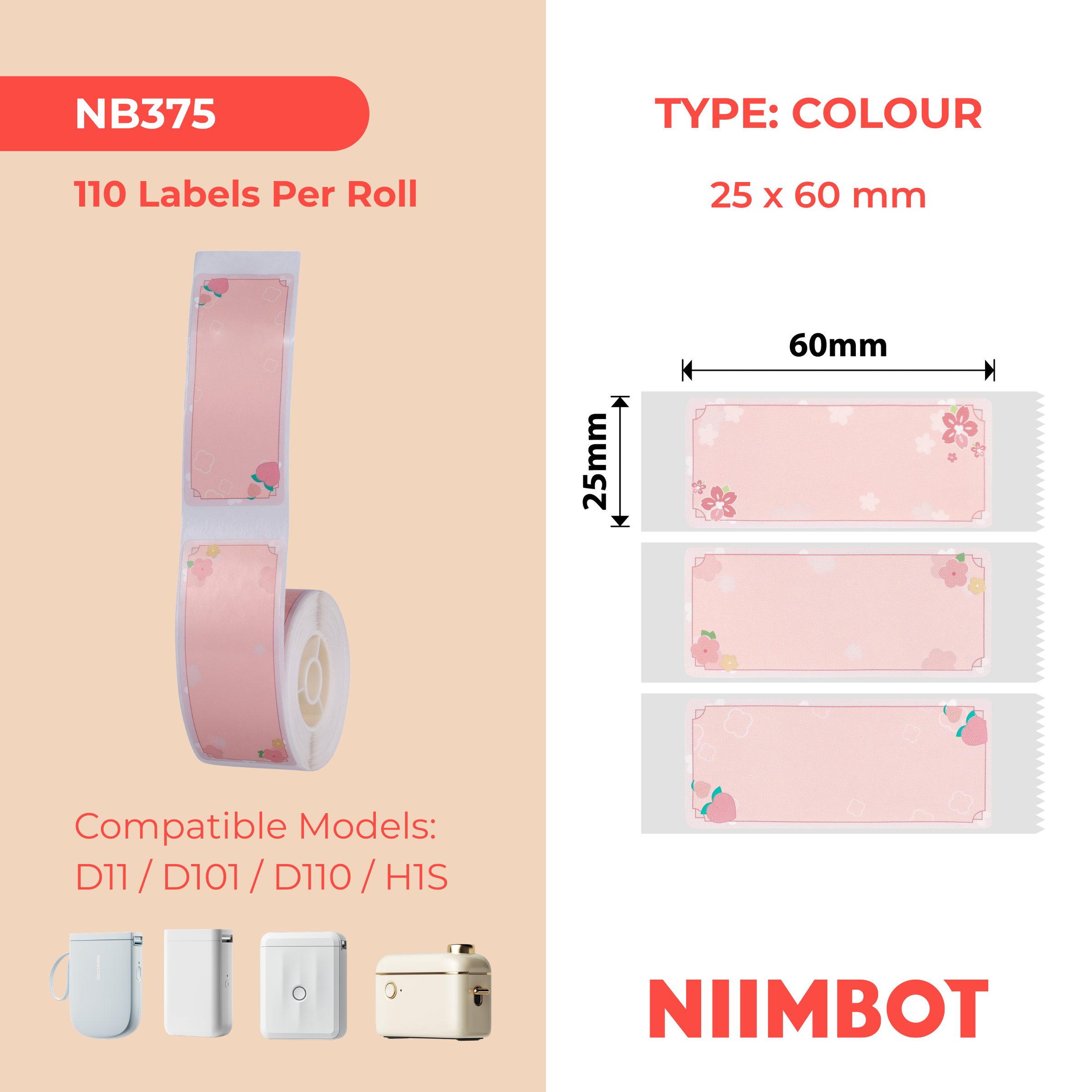 NB375 - NIIMBOT - D11 / D101 / D110 / H1S - R25X60MM -110 ÉTIQUETTES PAR ROULEAU - SAKURA ERYA