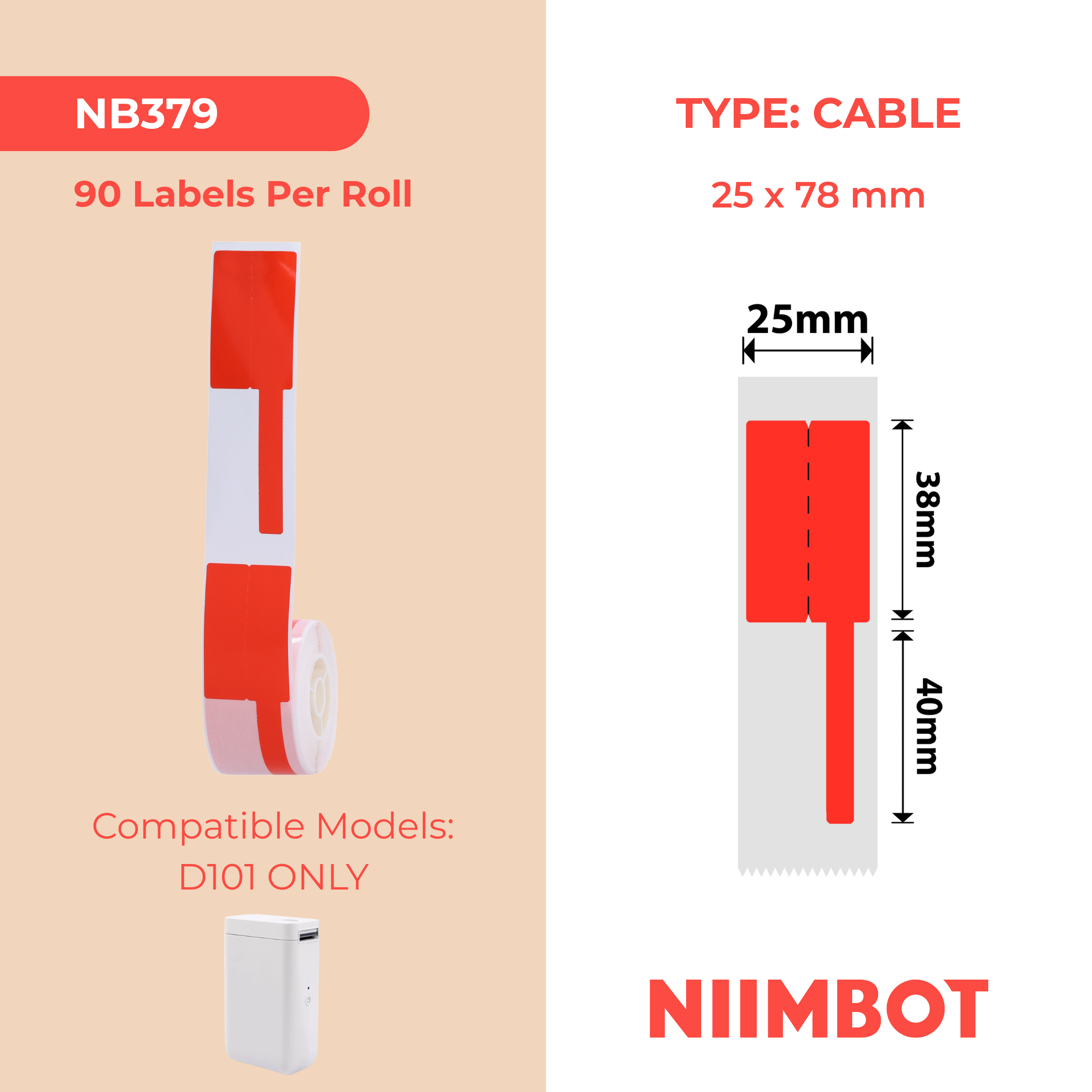 NB379 - NIIMBOT - D101 UNIQUEMENT - R25X78MM - 90 ÉTIQUETTES PAR ROULEAU - CÂBLE - ROUGE