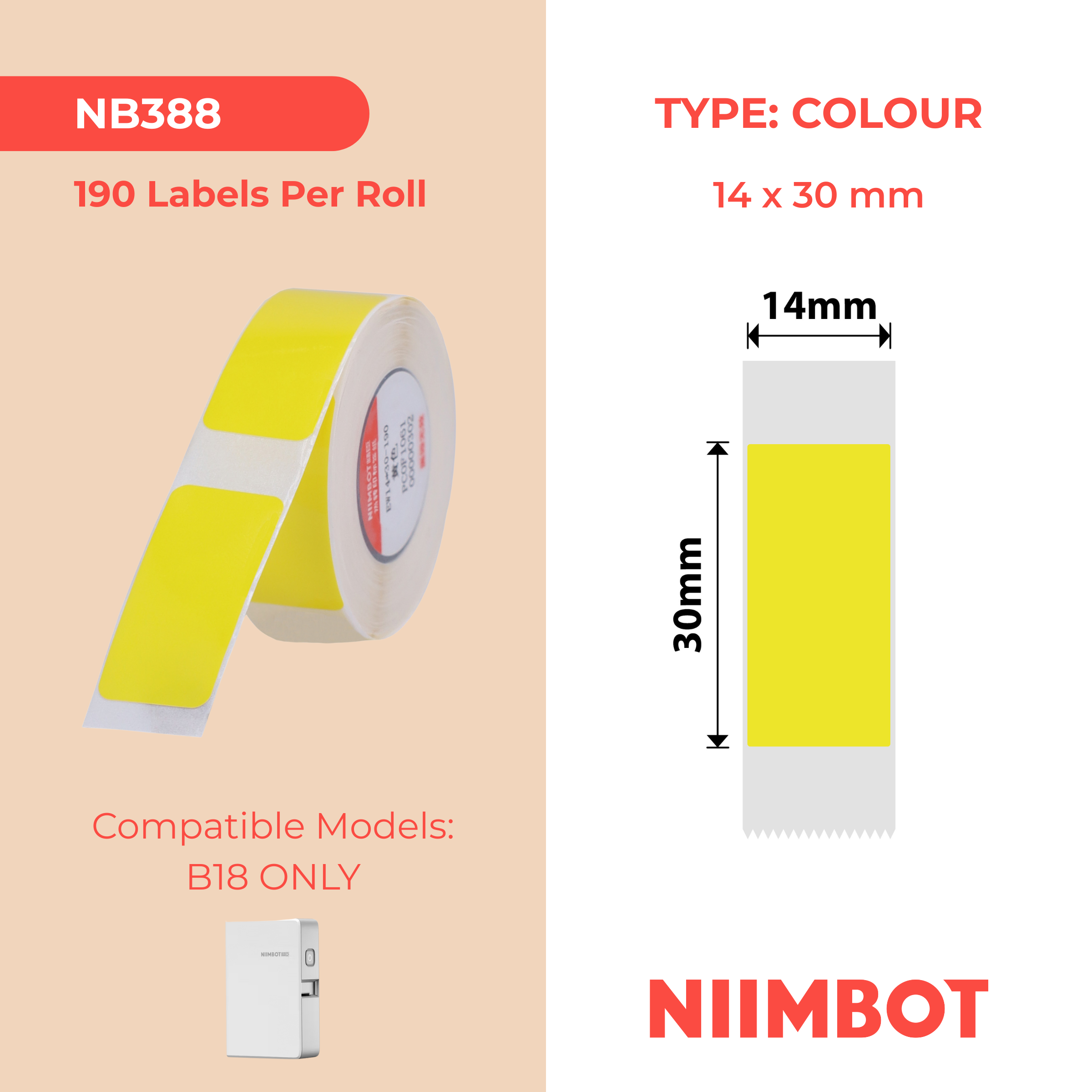 NB388 - NIIMBOT - B18 / N1 - EW14X30mm - 190 ETICHETTE PER ROTOLO - GIALLO