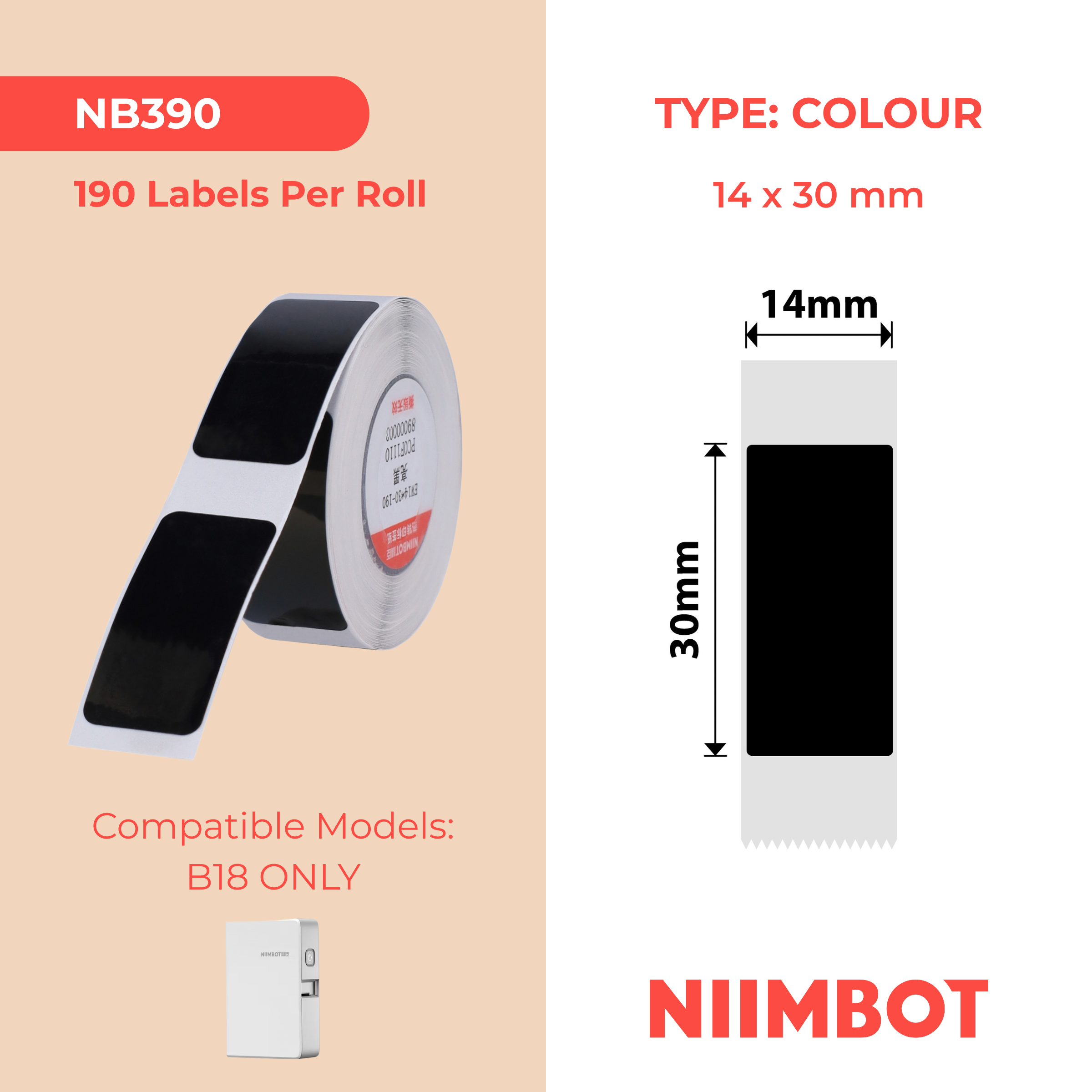NB390 - NIIMBOT - B18 / N1 - EW14X30mm - 190 ÉTIQUETTES PAR ROULEAU - NOIR