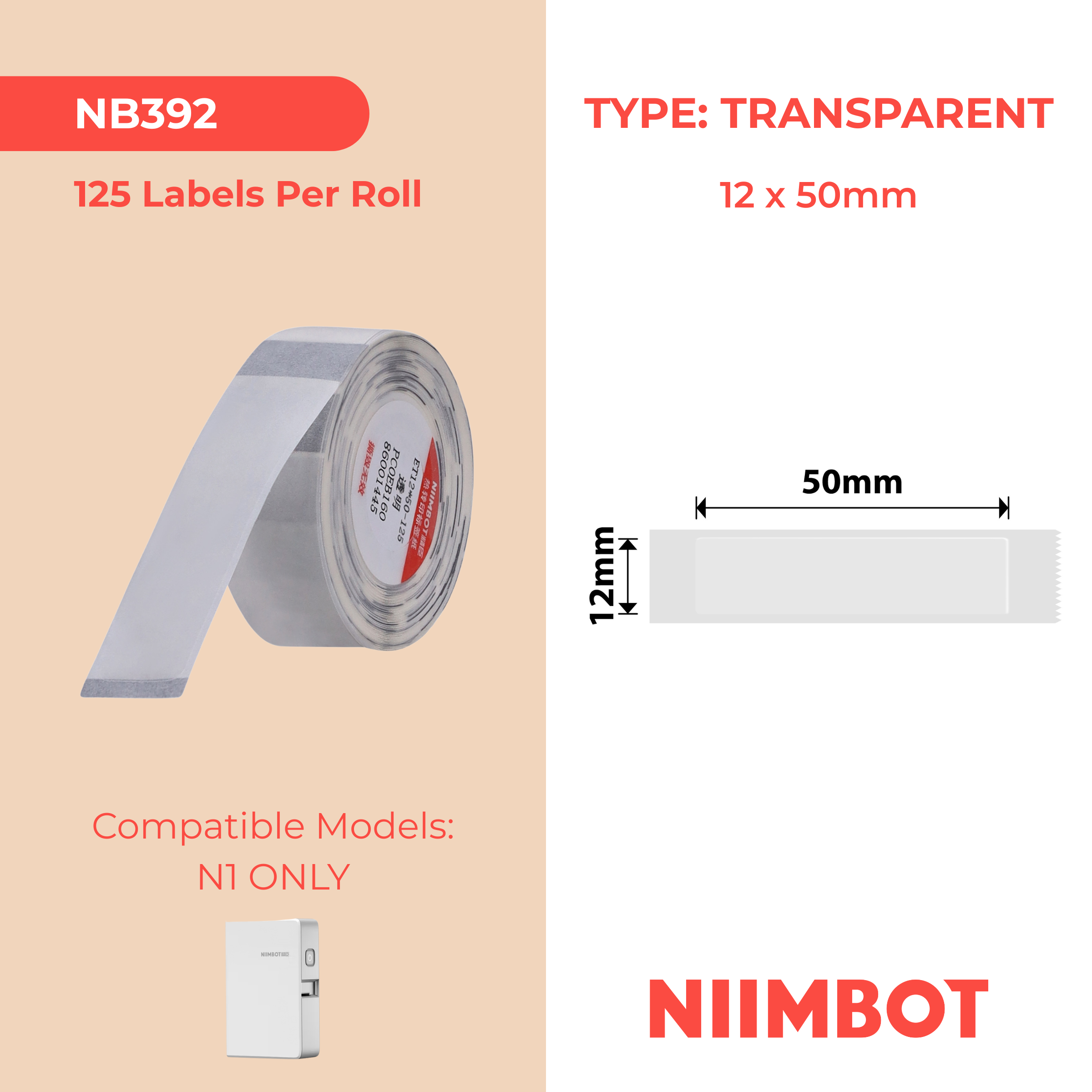 NB392 - NIIMBOT - B18 / N1 - ET12X50MM - 125 ÉTIQUETTES PAR ROULEAU - TRANSPARENTES