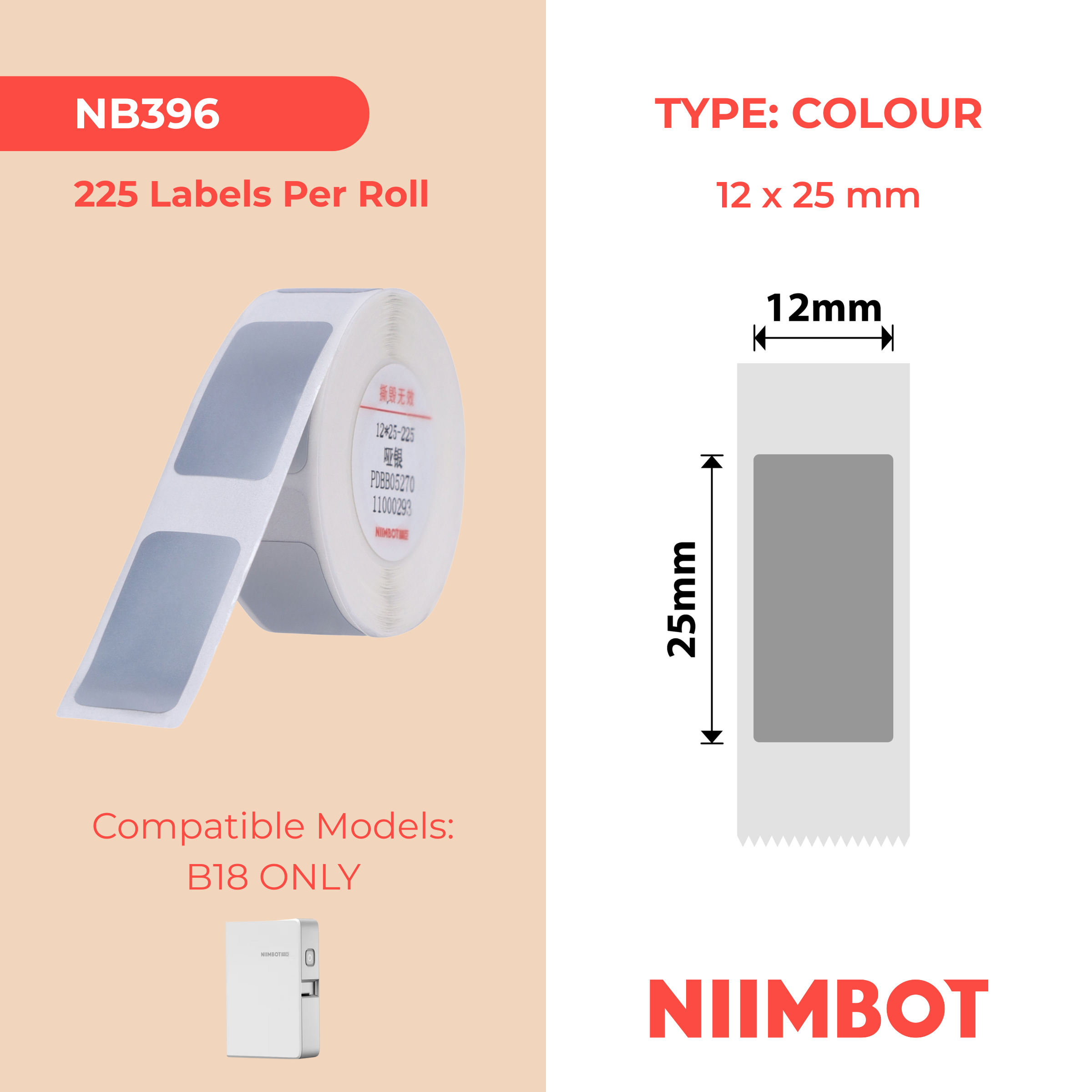 NB396 - NIIMBOT - B18 / N1 - ES12X25mm - 225 ÉTIQUETTES PAR ROULEAU - ARGENT