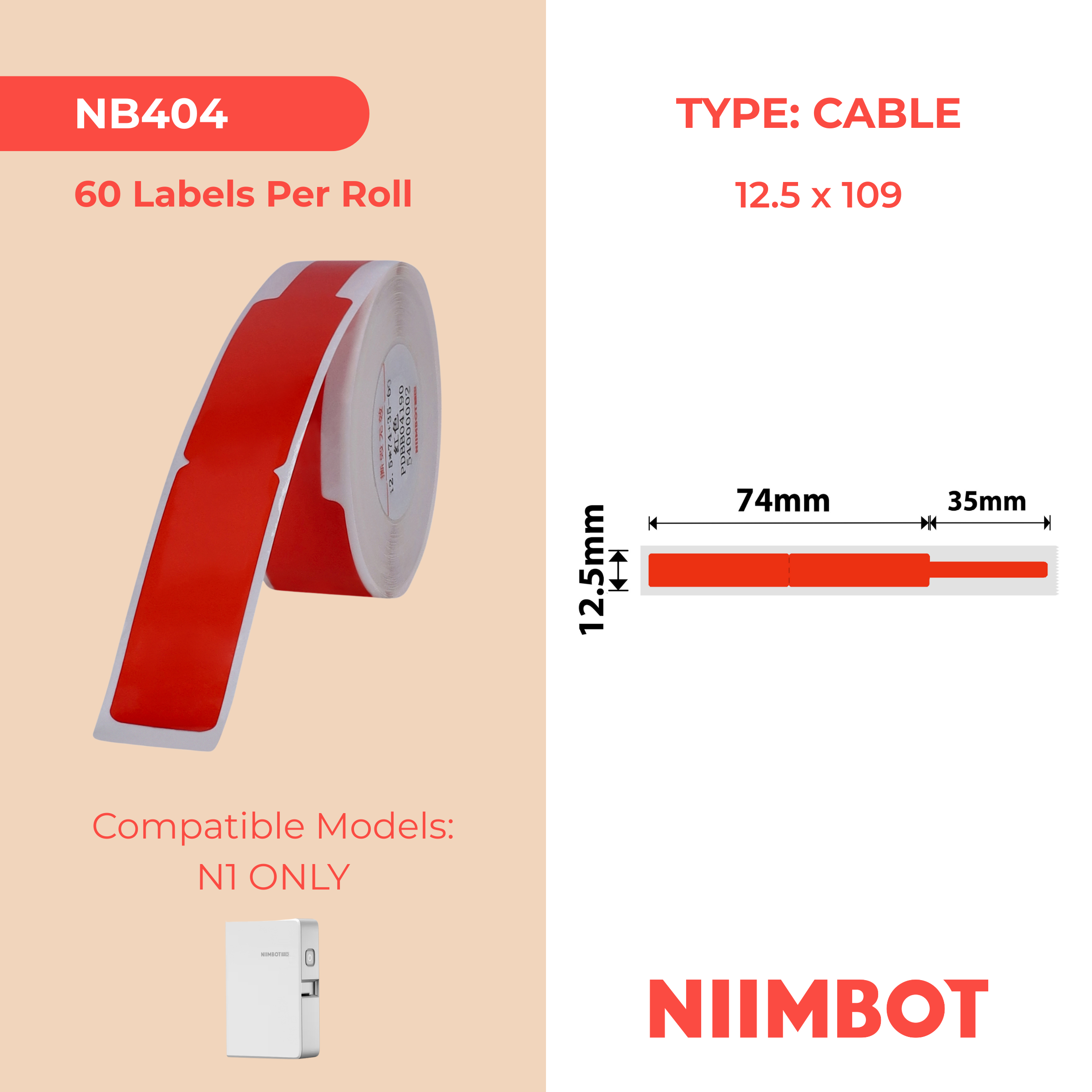 NB404 - NIIMBOT - B18 / N1 - EW12,5 x 109 mm - 60 étiquettes par rouleau - Rouge - Câble