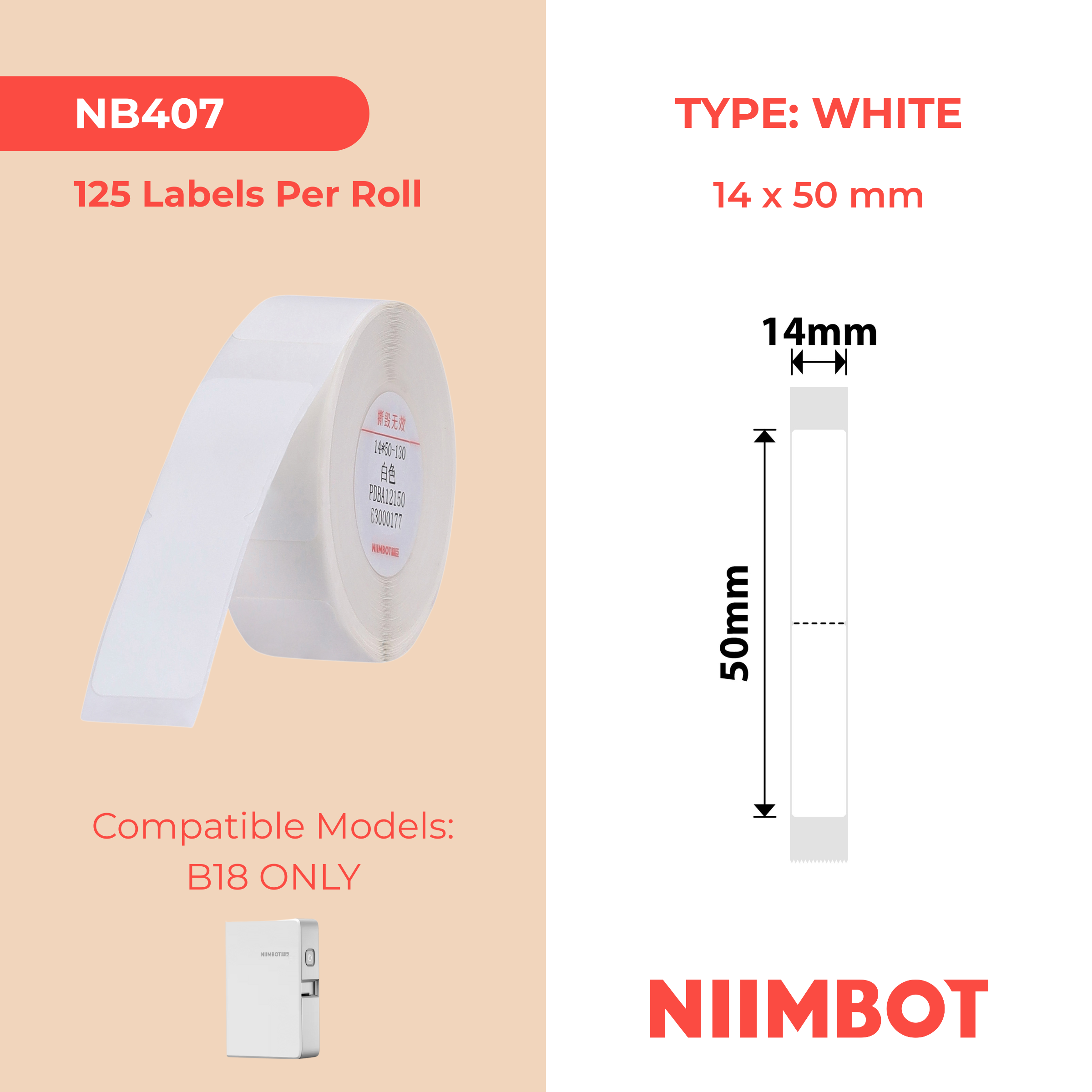 NB407 - NIIMBOT - B18 / N1 - 14X50MM - 125 WHITE LABELS