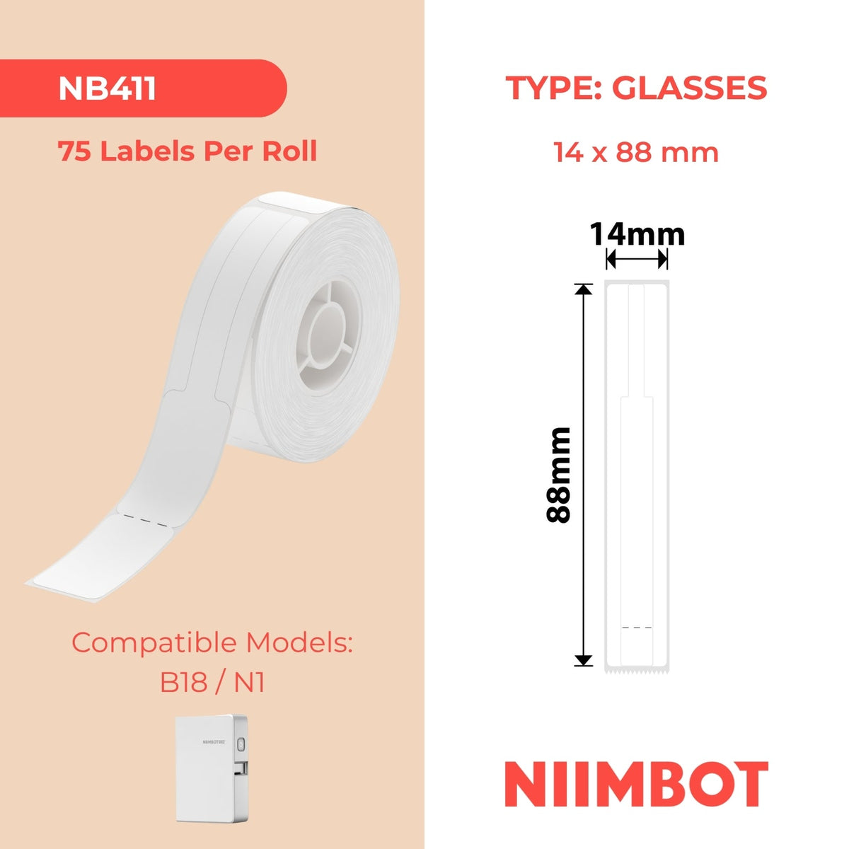 NIIMBOT - N1 - 14x88mm - White Eyeglasses - 75 Labels