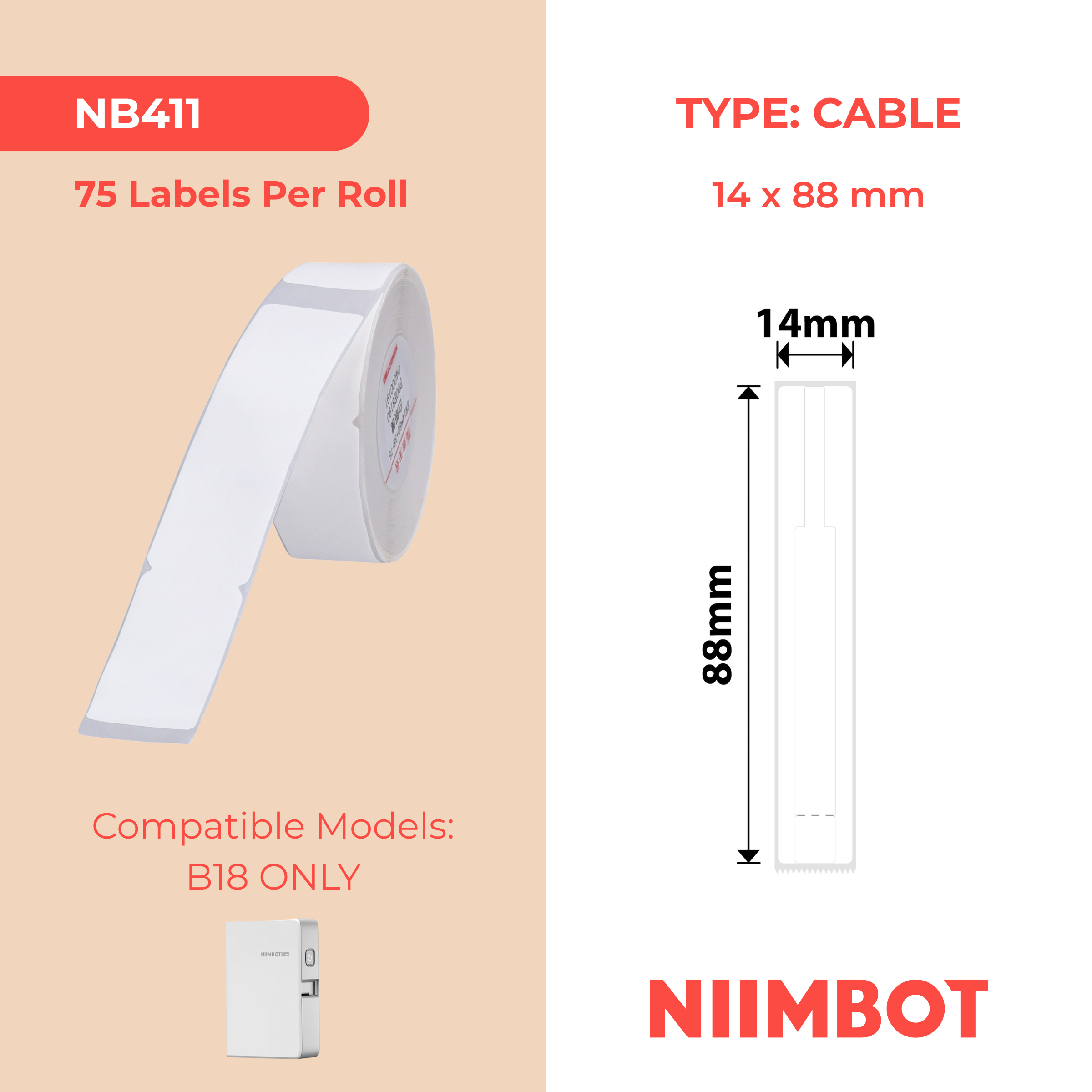 NB411 - NIIMBOT - B18 / N1 - 14X88MM - 75 WHITE LABELS