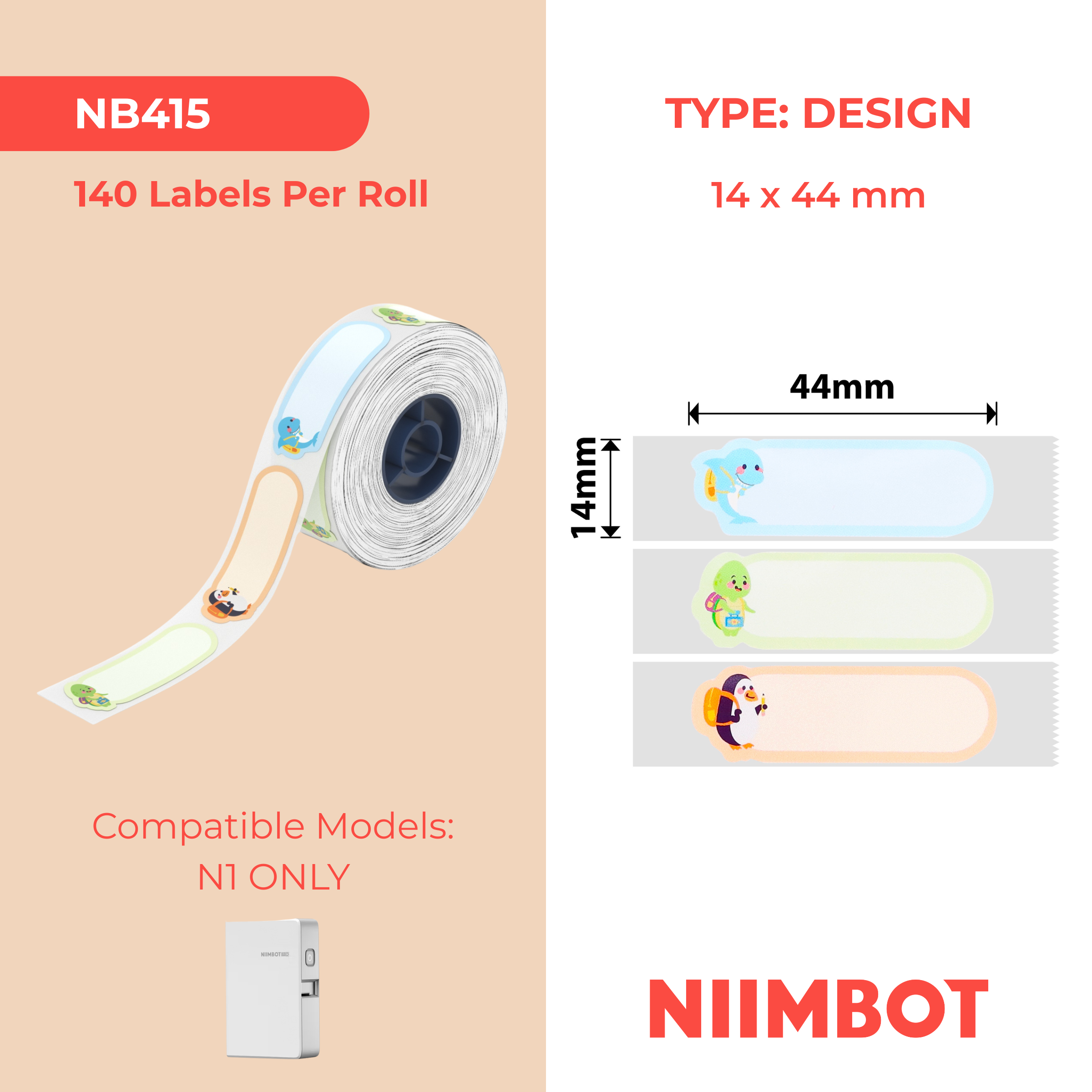 NB415 - NIIMBOT - B18 / N1 - EW14X44mm - 140 ETICHETTE PER ROTOLO - DESIGN PER LA SCUOLA