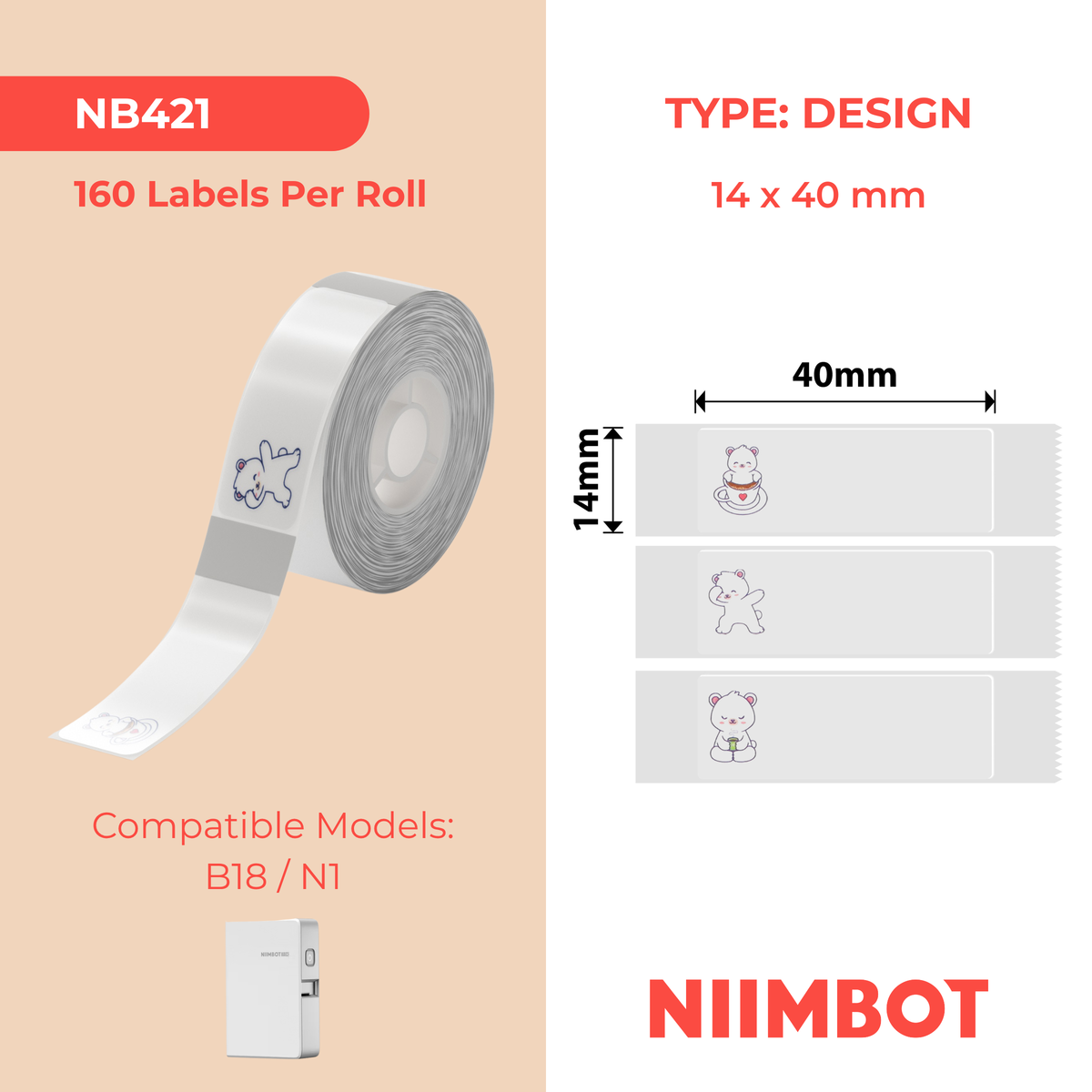 NIIMBOT - N1 - 14x40mm - Bear Transparent - 150 Labels
