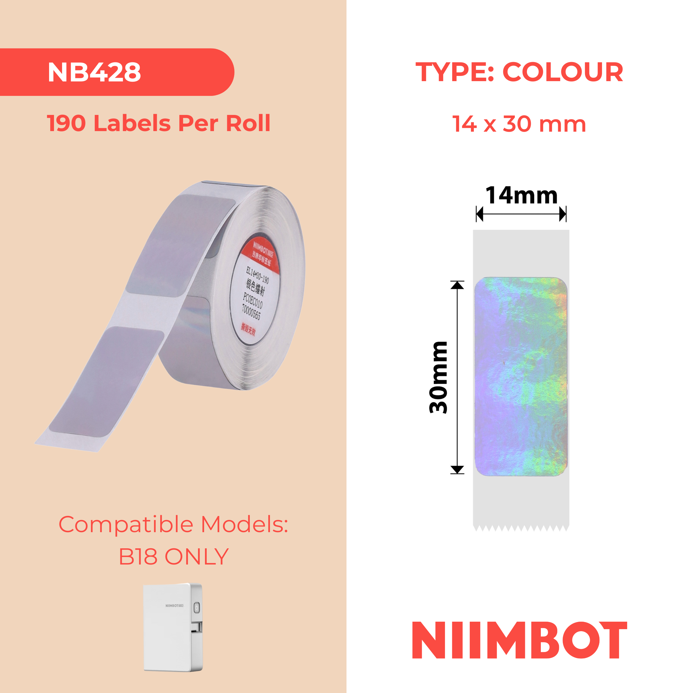 NB428 - NIIMBOT - B18 / N1 - 14X30MM - 190 SILVER HOLOGRAM LABELS