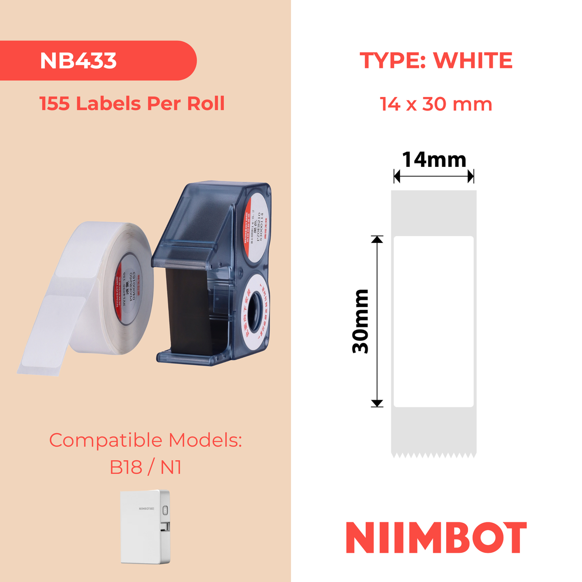 NIIMBOT - N1 - 14x30mm - White Liquid Nitrogen & Black Cartridge Set - 155 Labels