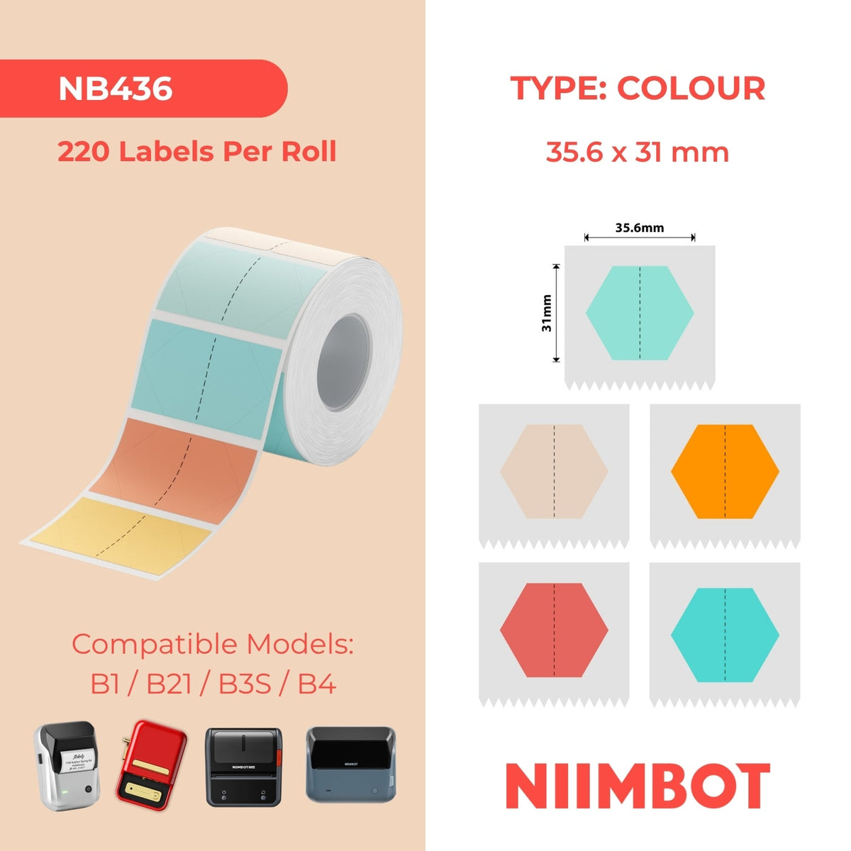 NB436 - NIIMBOT - B1 / B21 / B3S / B4 - 35,6X31MM - 220 ETICHETTE TERMICHE (MULTICOLORE) - DESIGN ESAGONALE