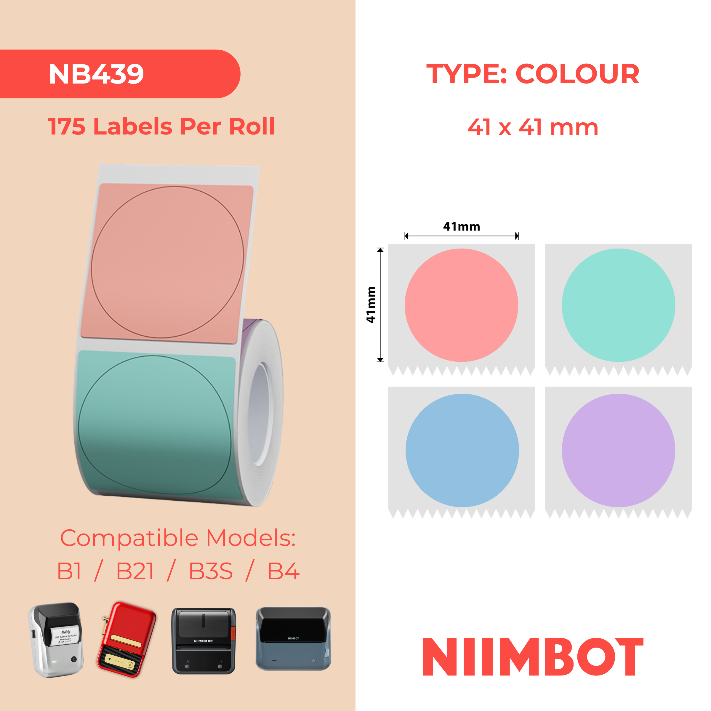 NB439 - NIIMBOT - B1 / B21 / B3S / B4 - T41X41MM - 175 ETICHETTE TERMICHE ROTONDE - DESIGN MULTICOLORE