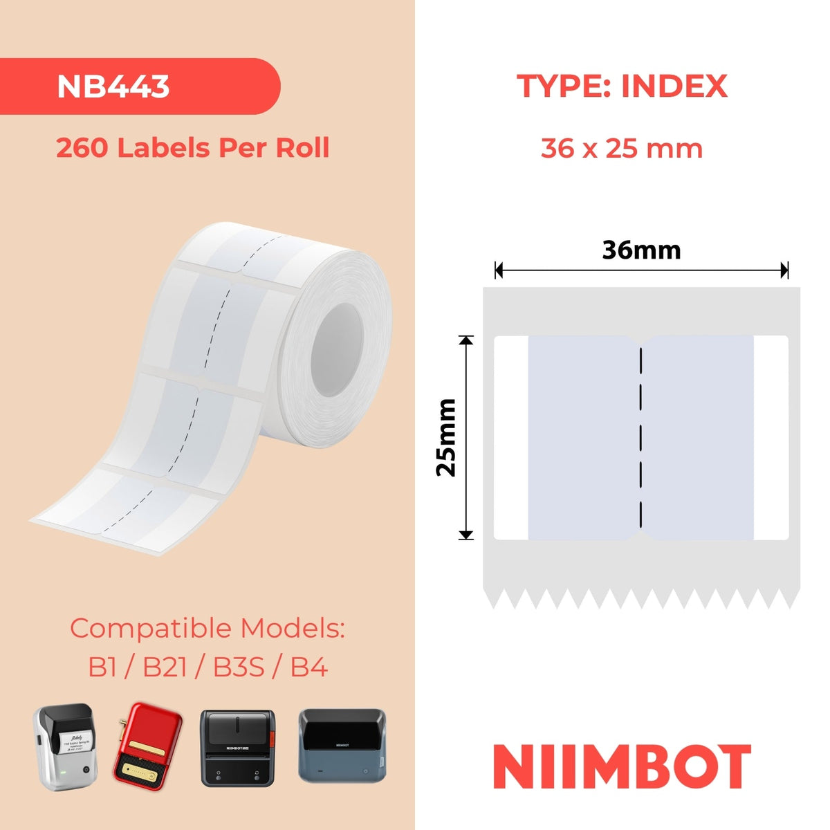 NB443 - NIIMBOT - B1 / B21 / B3S / B4 - 36 x 25 mm - 260 étiquettes par rouleau - Étiquettes autocollantes grises